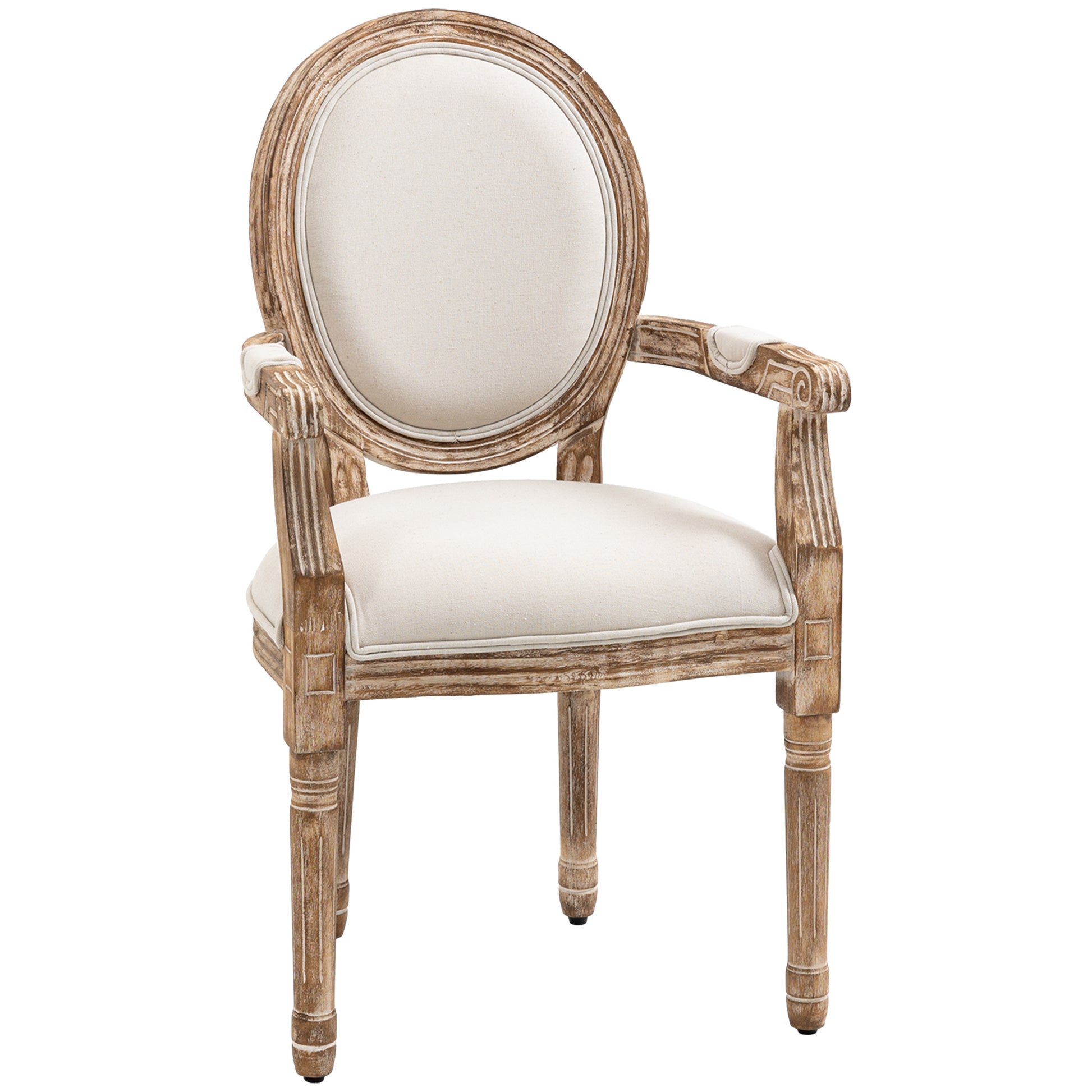 Dining Chair Retro Design Kitchen Chair with Armrests and Thick Upholstery Living Room Chair Upholstered Chair in Linen-Look for Living Room Rubber Wood Cream White+ Light Wood Color 56 x 56 x 96 cm
