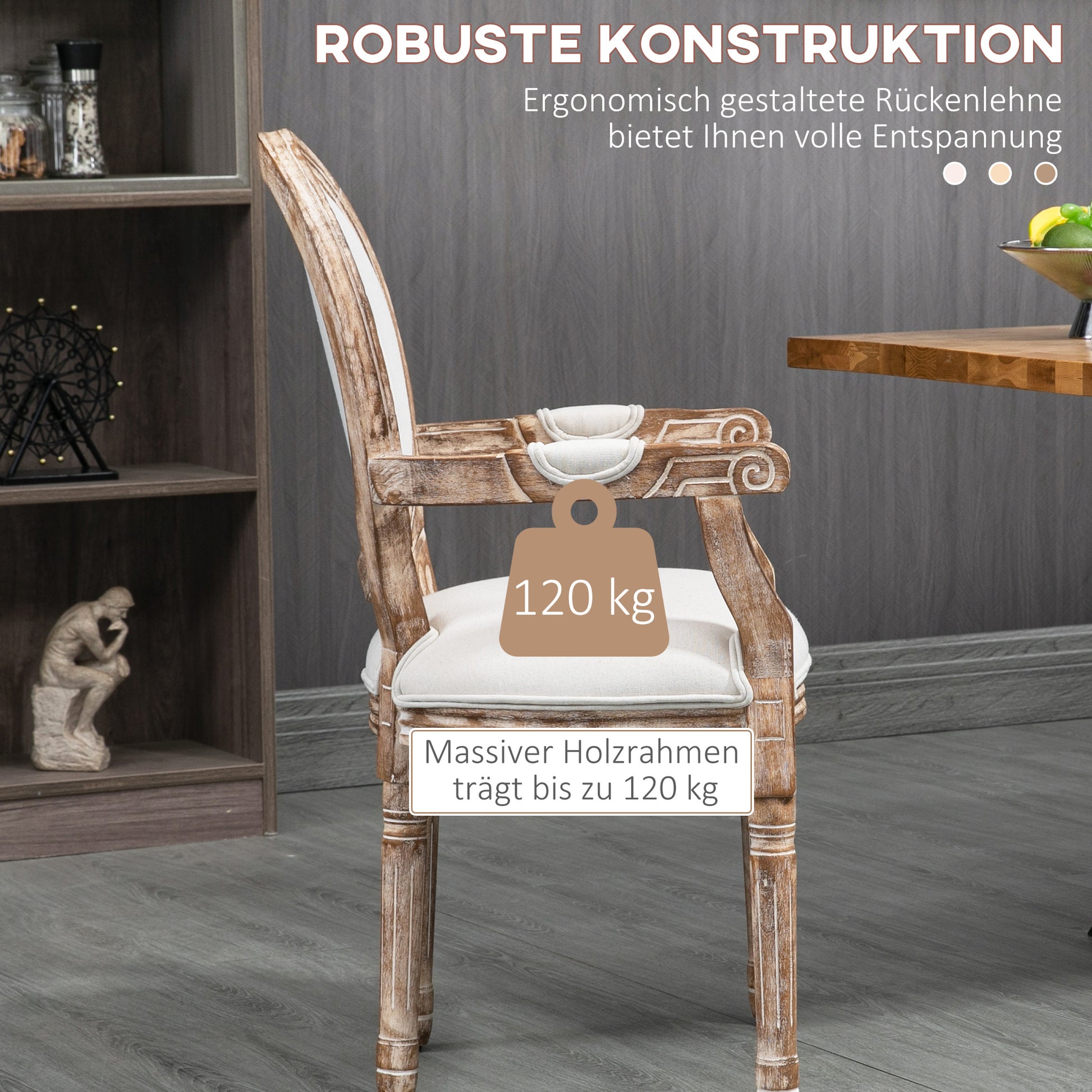 Dining Chair Retro Design Kitchen Chair with Armrests and Thick Upholstery Living Room Chair Upholstered Chair in Linen-Look for Living Room Rubber Wood Cream White+ Light Wood Color 56 x 56 x 96 cm