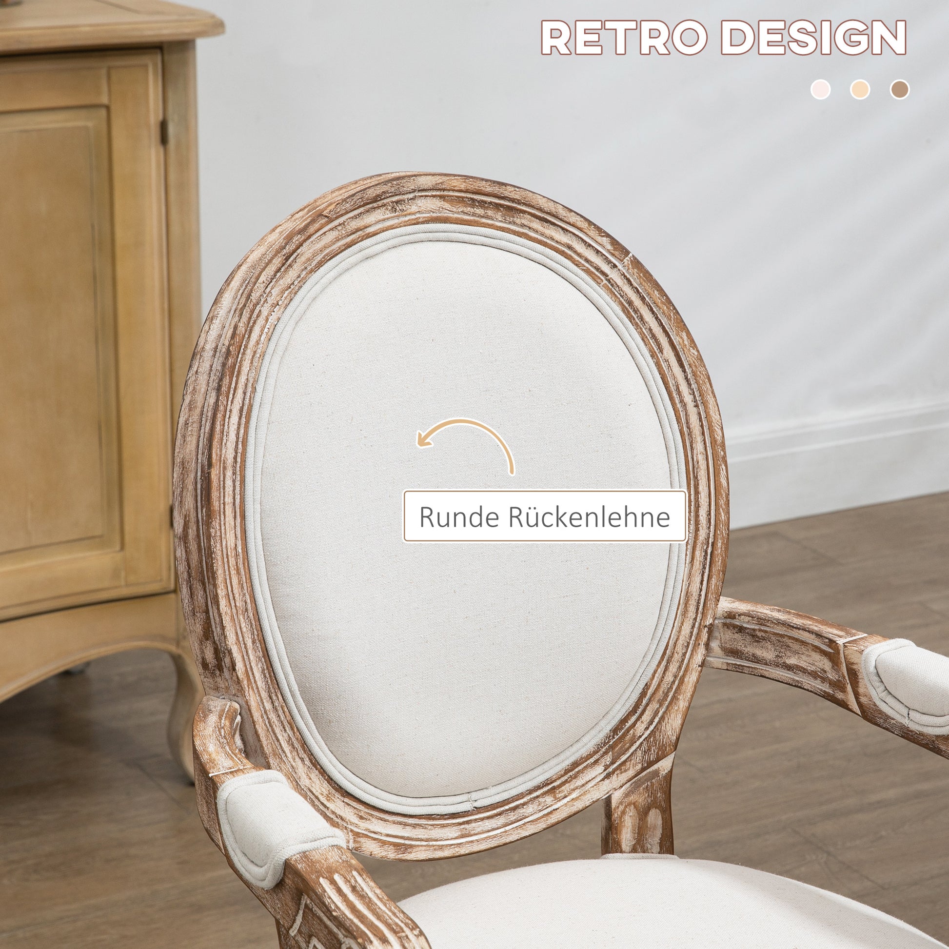 Dining Chair Retro Design Kitchen Chair with Armrests and Thick Upholstery Living Room Chair Upholstered Chair in Linen-Look for Living Room Rubber Wood Cream White+ Light Wood Color 56 x 56 x 96 cm