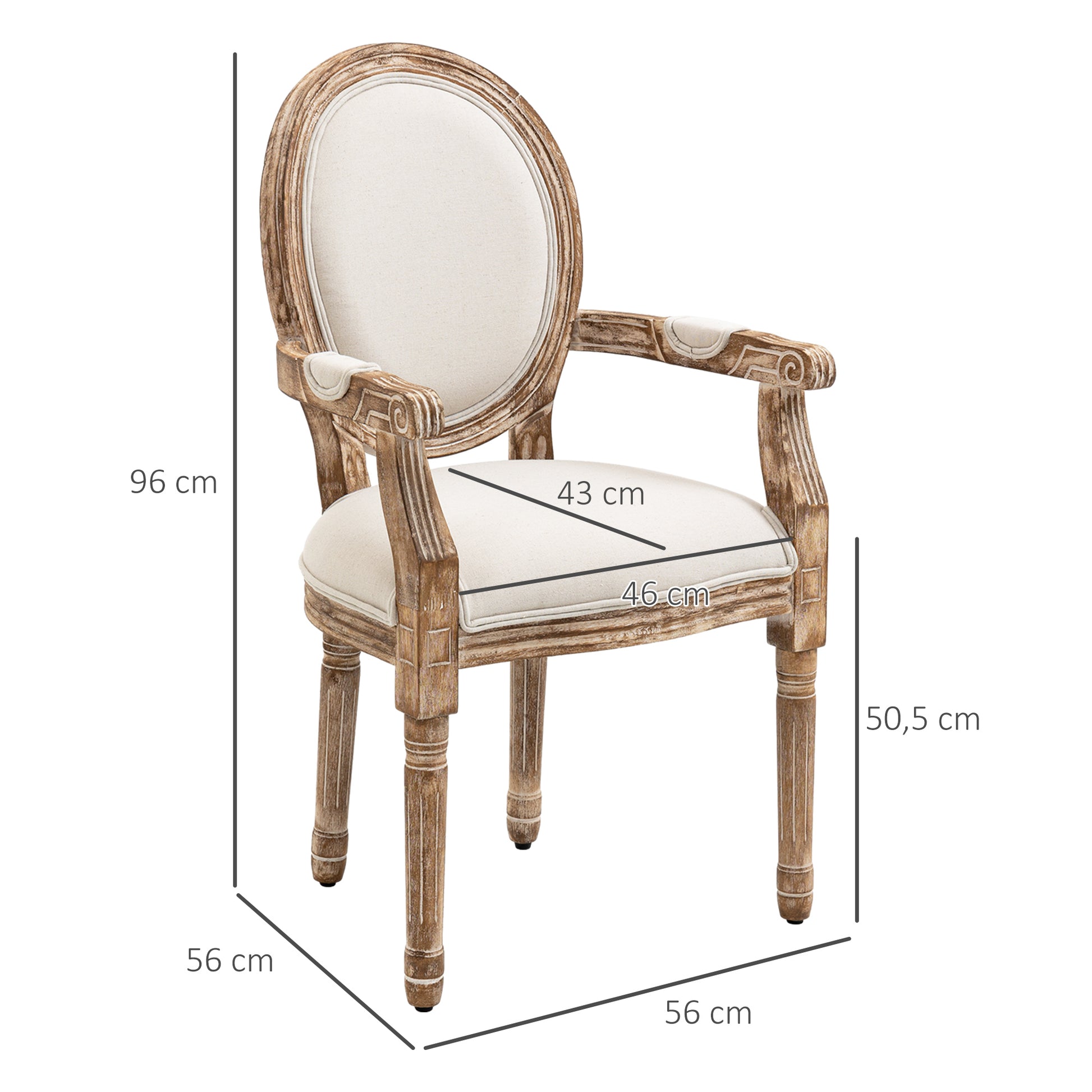 Dining Chair Retro Design Kitchen Chair with Armrests and Thick Upholstery Living Room Chair Upholstered Chair in Linen-Look for Living Room Rubber Wood Cream White+ Light Wood Color 56 x 56 x 96 cm