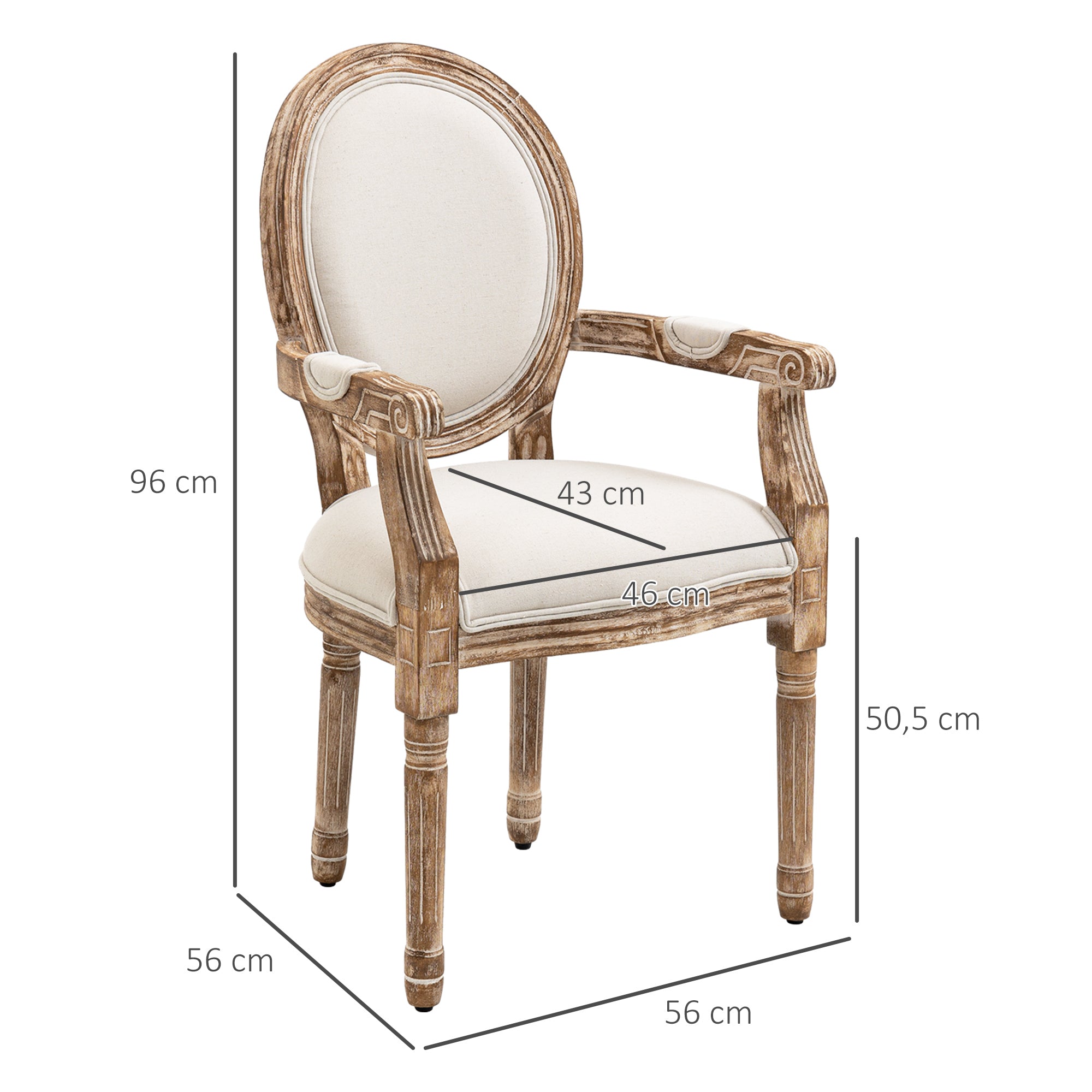 Dining Chair Retro Design Kitchen Chair with Armrests and Thick Upholstery Living Room Chair Upholstered Chair in Linen-Look for Living Room Rubber Wood Cream White+ Light Wood Color 56 x 56 x 96 cm