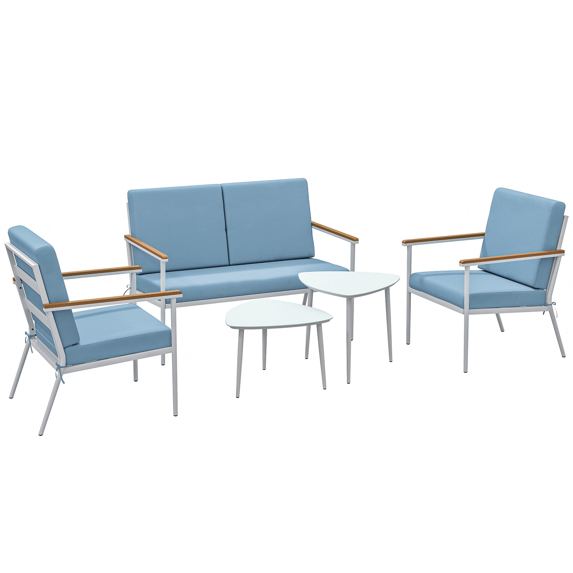 Outdoor Garden Furniture 4-Person Set, 5-Piece Balcony Lounge Set with Sofa, 2 Armchairs, and 2 Tempered Glass Coffee Tables, Cushions Included, Patio Garden Furniture Terrace, Light Blue