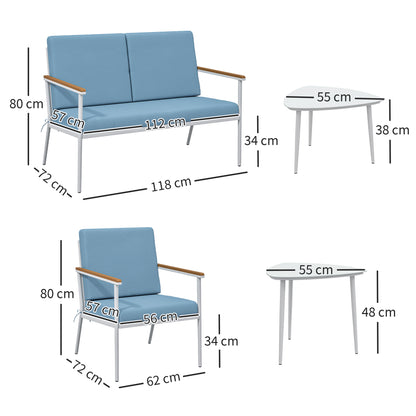 Outdoor Garden Furniture 4-Person Set, 5-Piece Balcony Lounge Set with Sofa, 2 Armchairs, and 2 Tempered Glass Coffee Tables, Cushions Included, Patio Garden Furniture Terrace, Light Blue