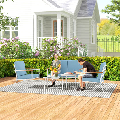 Outdoor Garden Furniture 4-Person Set, 5-Piece Balcony Lounge Set with Sofa, 2 Armchairs, and 2 Tempered Glass Coffee Tables, Cushions Included, Patio Garden Furniture Terrace, Light Blue