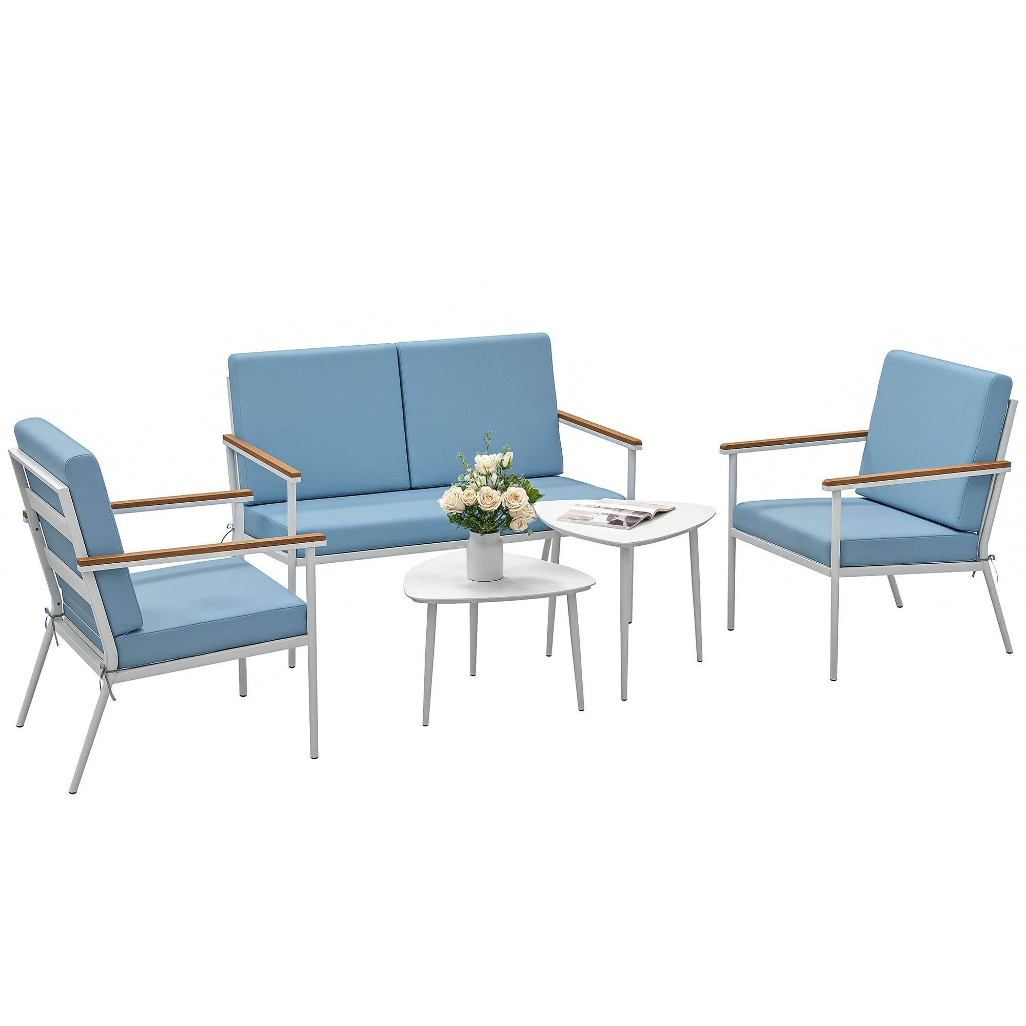 Outdoor Garden Furniture 4-Person Set, 5-Piece Balcony Lounge Set with Sofa, 2 Armchairs, and 2 Tempered Glass Coffee Tables, Cushions Included, Patio Garden Furniture Terrace, Light Blue
