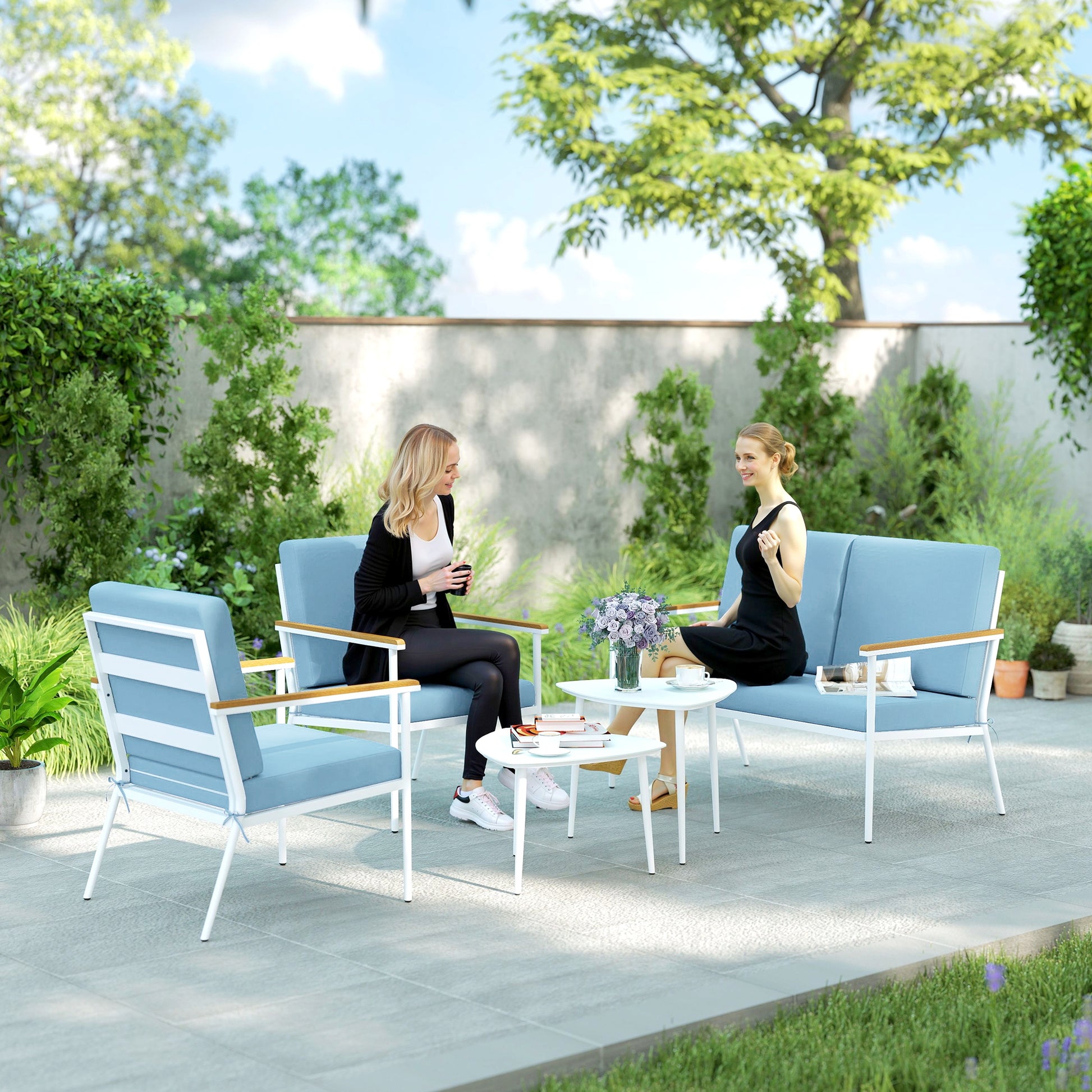 Outdoor Garden Furniture 4-Person Set, 5-Piece Balcony Lounge Set with Sofa, 2 Armchairs, and 2 Tempered Glass Coffee Tables, Cushions Included, Patio Garden Furniture Terrace, Light Blue