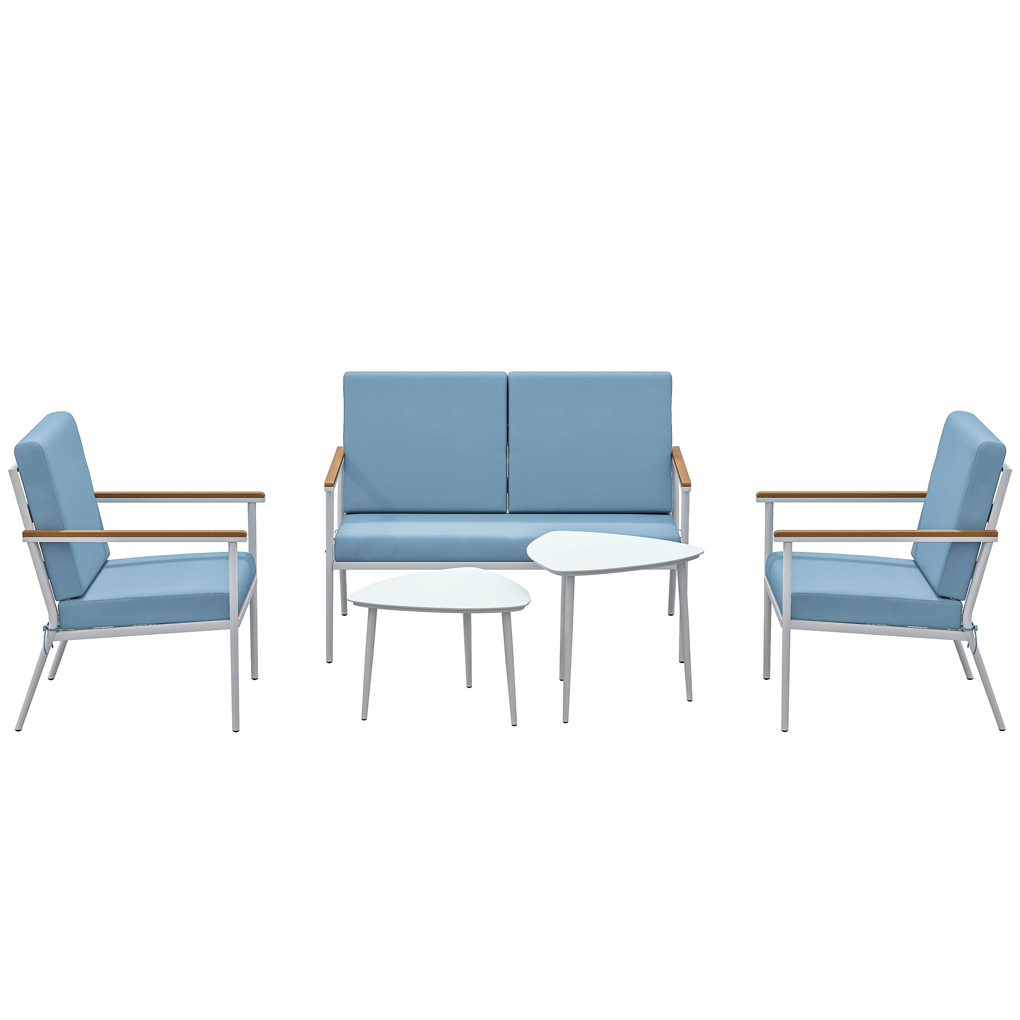Outdoor Garden Furniture 4-Person Set, 5-Piece Balcony Lounge Set with Sofa, 2 Armchairs, and 2 Tempered Glass Coffee Tables, Cushions Included, Patio Garden Furniture Terrace, Light Blue