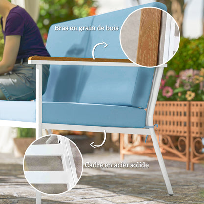 Outdoor Garden Furniture 4-Person Set, 5-Piece Balcony Lounge Set with Sofa, 2 Armchairs, and 2 Tempered Glass Coffee Tables, Cushions Included, Patio Garden Furniture Terrace, Light Blue