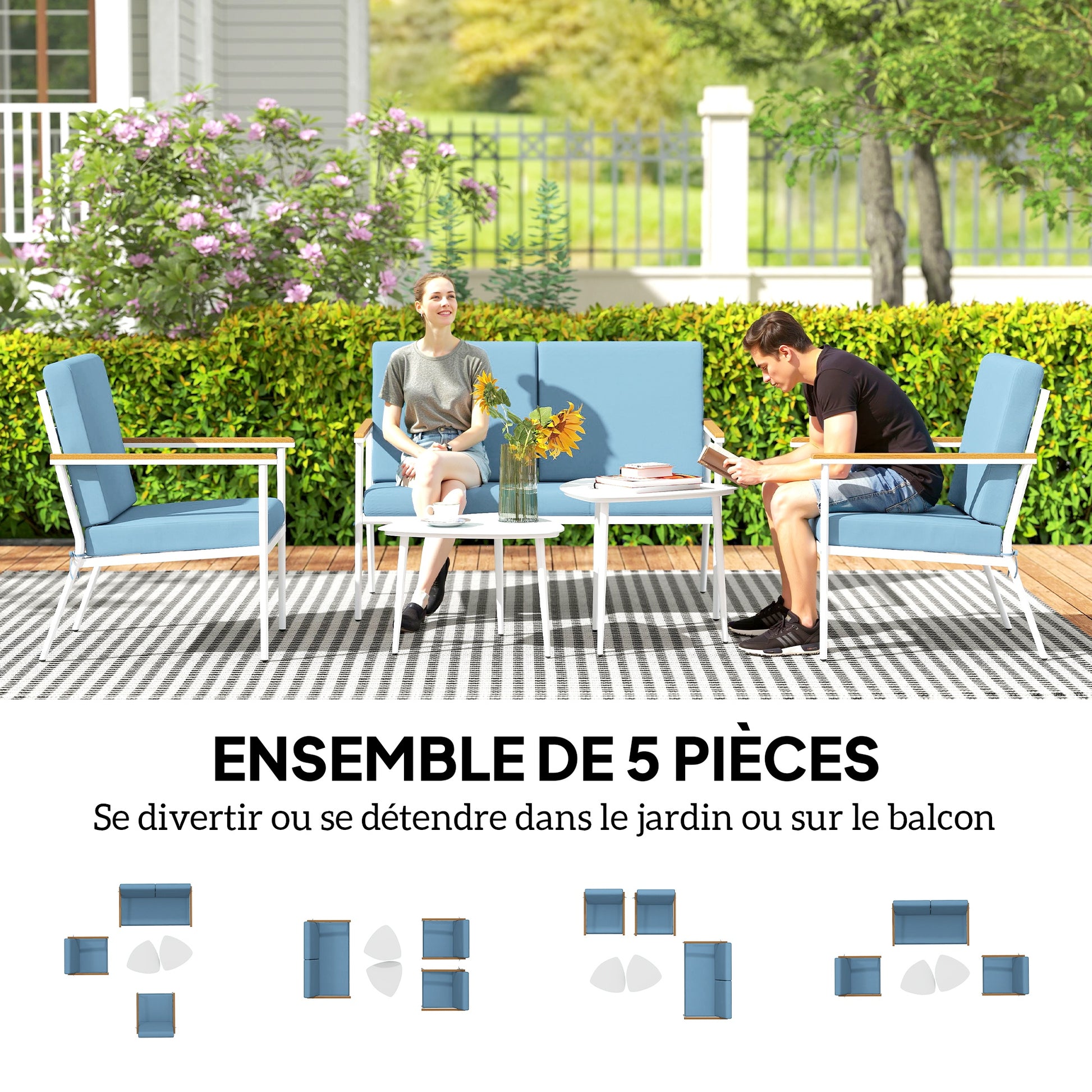 Outdoor Garden Furniture 4-Person Set, 5-Piece Balcony Lounge Set with Sofa, 2 Armchairs, and 2 Tempered Glass Coffee Tables, Cushions Included, Patio Garden Furniture Terrace, Light Blue