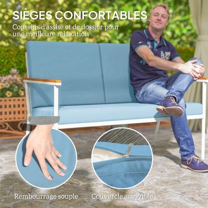 Outdoor Garden Furniture 4-Person Set, 5-Piece Balcony Lounge Set with Sofa, 2 Armchairs, and 2 Tempered Glass Coffee Tables, Cushions Included, Patio Garden Furniture Terrace, Light Blue