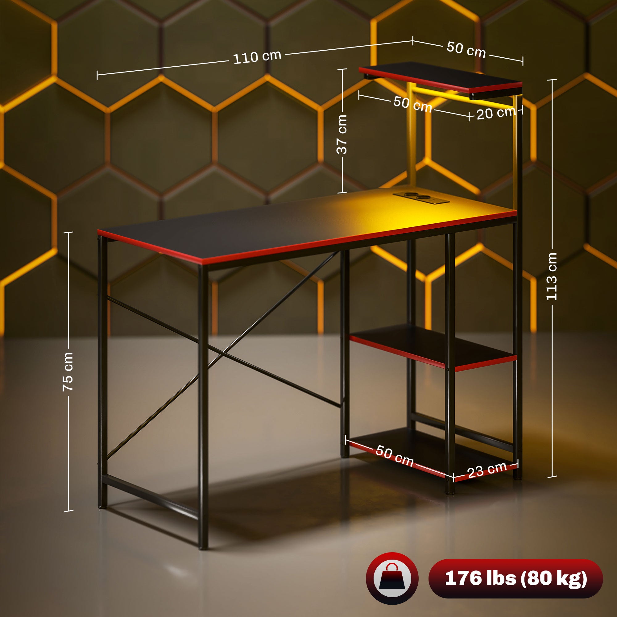 HOMCOM Herní stůl s LED osvětlením 110x50 cm, herní stůl z uhlíkových vláken se zásuvkami, policemi a dálkovým ovládáním pro kancelář a studium, černý