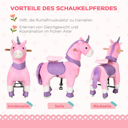 Riding Horse, Unicorn Standing Horse on Wheels, Rocking Horse with 2 Pedals, for Girls from 3 Years, Pink+Purple, 70 x 32 x 87 cm