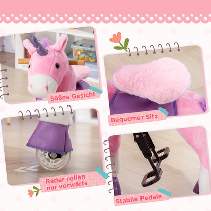 Riding Horse, Unicorn Standing Horse on Wheels, Rocking Horse with 2 Pedals, for Girls from 3 Years, Pink+Purple, 70 x 32 x 87 cm
