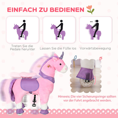 Riding Horse, Unicorn Standing Horse on Wheels, Rocking Horse with 2 Pedals, for Girls from 3 Years, Pink+Purple, 70 x 32 x 87 cm
