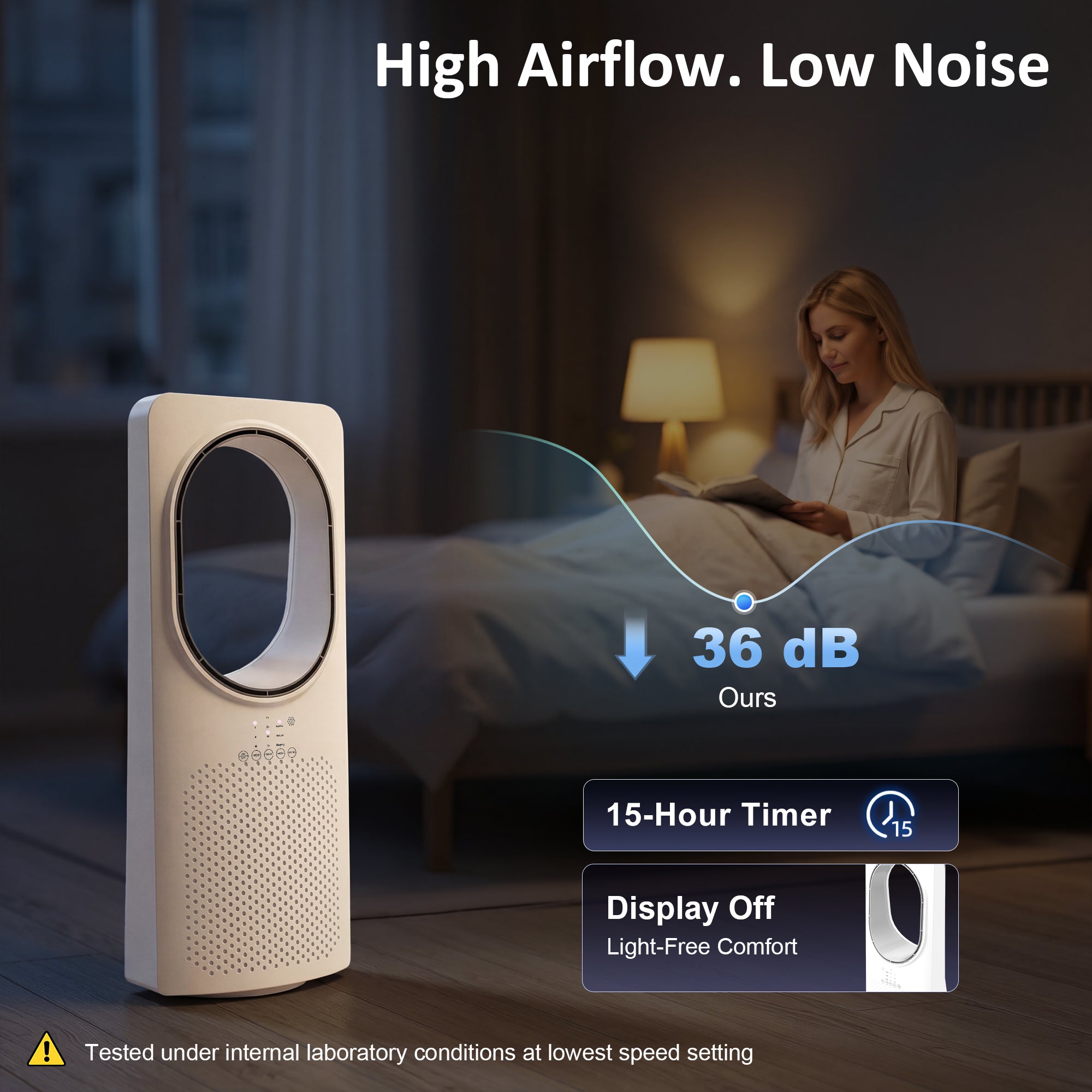 Bladeless Tower Fan for Bedroom – Whisper-Quiet 36 dB, 45° Oscillation, 3 Speeds & Modes, 15-Hour Timer, Remote, White