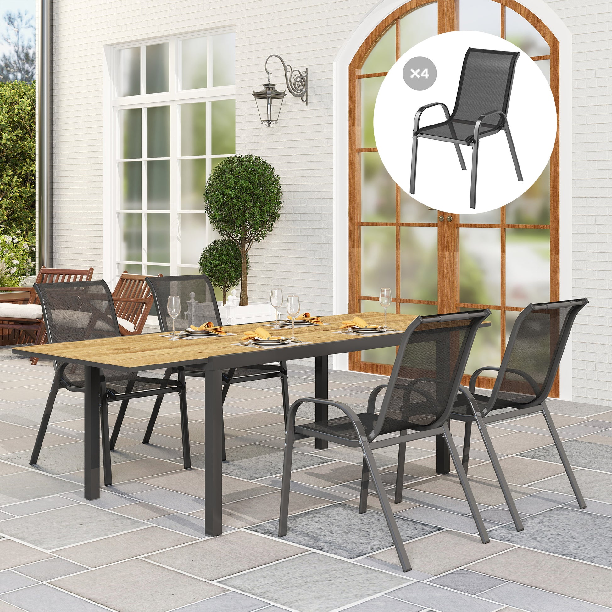 Set of 4 Outdoor Garden Chairs Stackable Terrace Chairs Garden Chairs with Breathable Fabric Steel Frame Armrests and High Backrest 54x71x93 cm Black