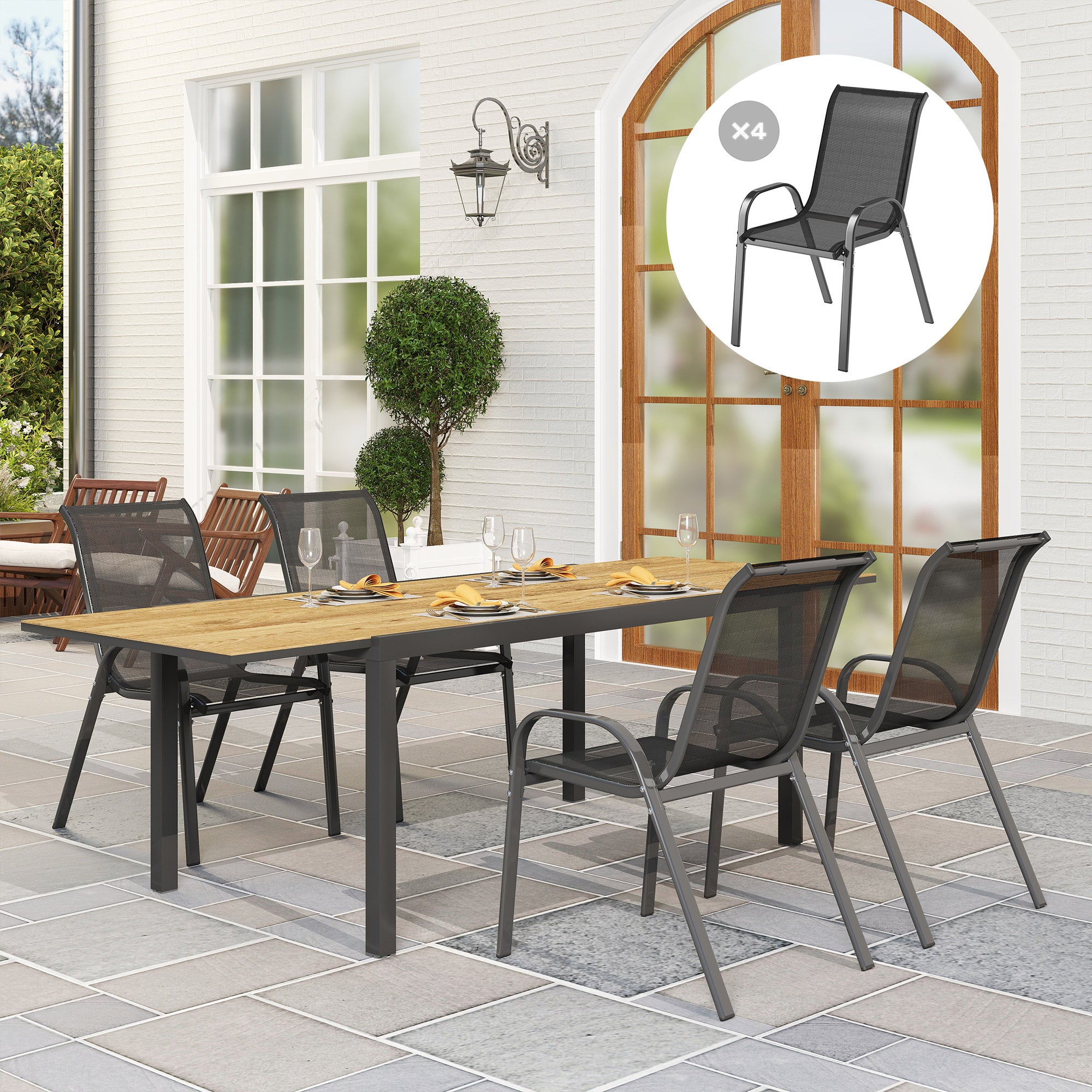 Set of 4 Outdoor Garden Chairs Stackable Terrace Chairs Garden Chairs with Breathable Fabric Steel Frame Armrests and High Backrest 54x71x93 cm Black