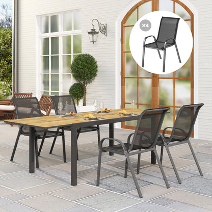 Set of 4 Outdoor Garden Chairs Stackable Terrace Chairs Garden Chairs with Breathable Fabric Steel Frame Armrests and High Backrest 54x71x93 cm Black