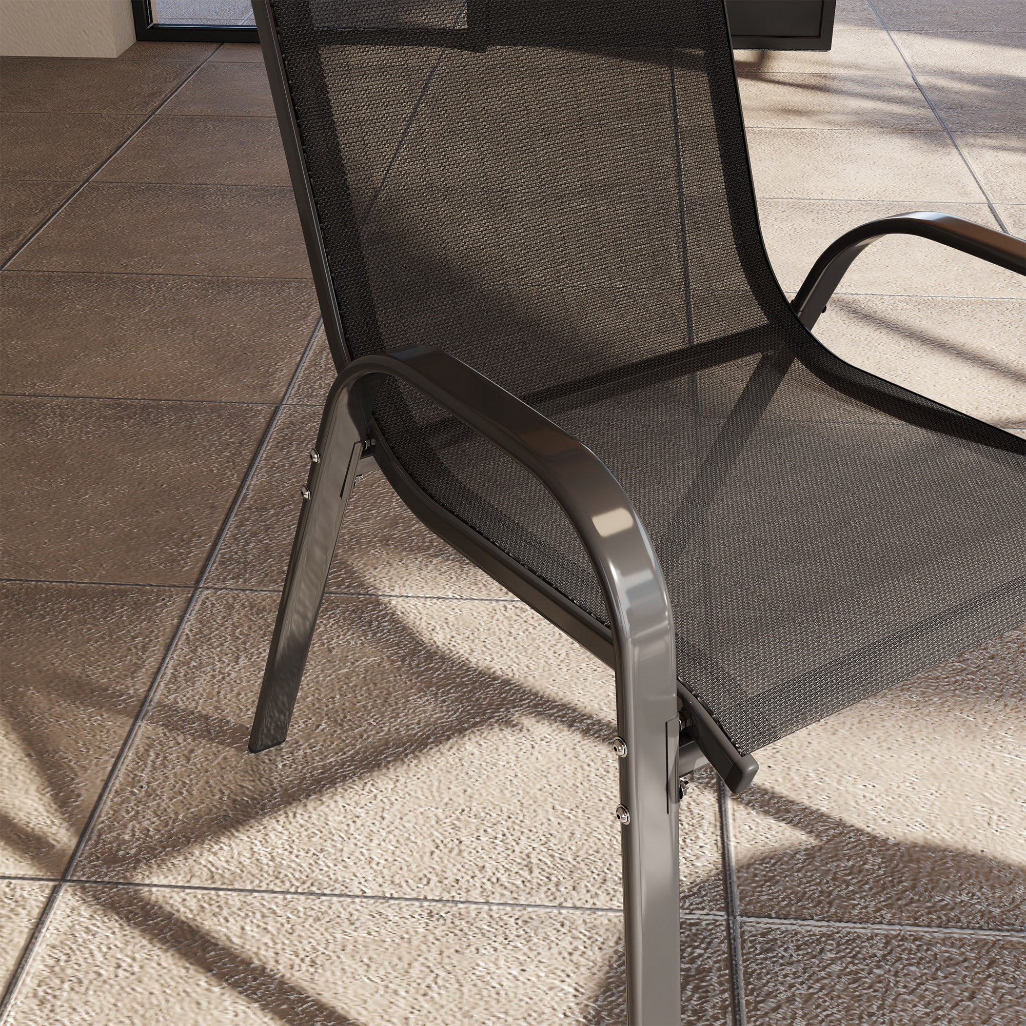 Set of 4 Outdoor Garden Chairs Stackable Terrace Chairs Garden Chairs with Breathable Fabric Steel Frame Armrests and High Backrest 54x71x93 cm Black