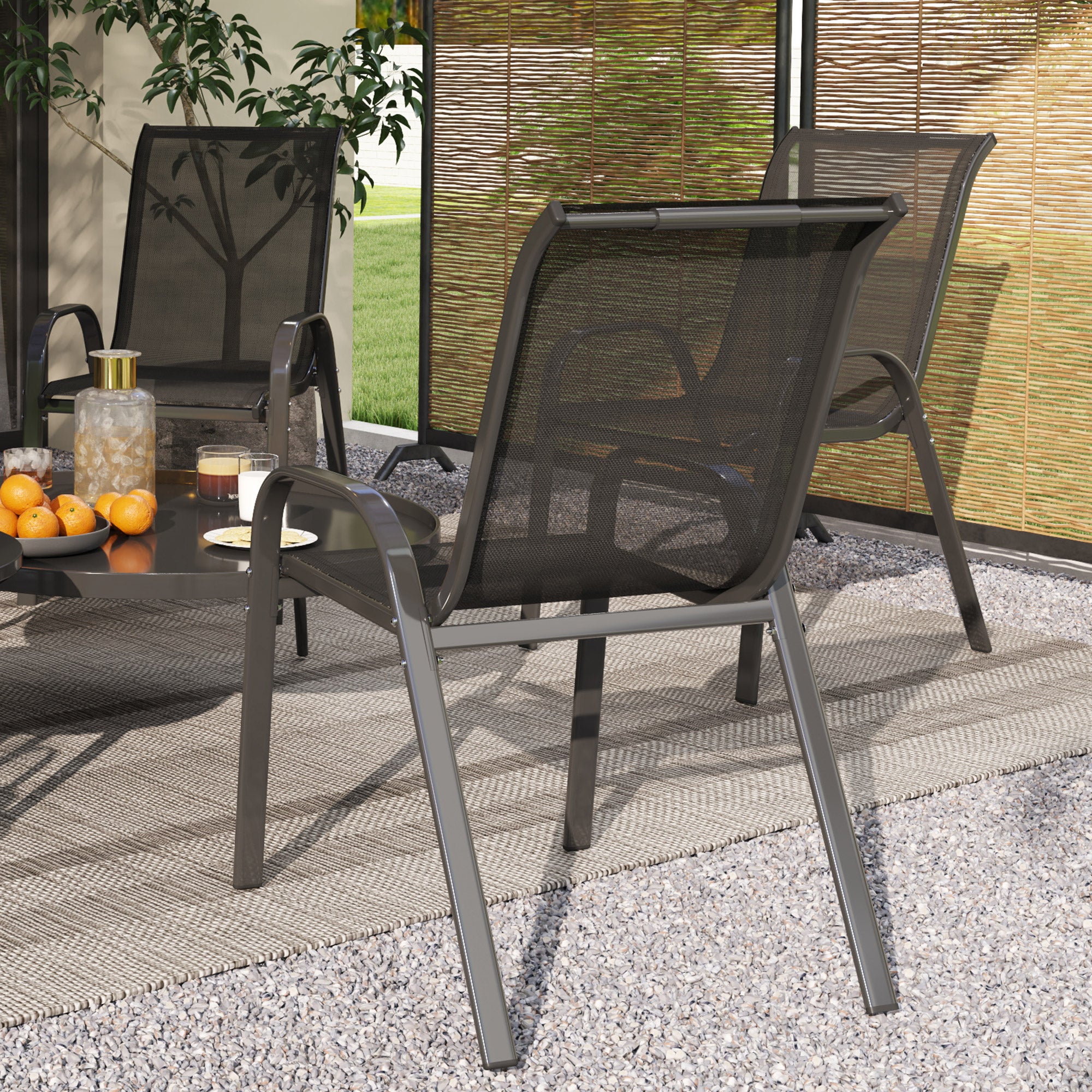 Set of 4 Outdoor Garden Chairs Stackable Terrace Chairs Garden Chairs with Breathable Fabric Steel Frame Armrests and High Backrest 54x71x93 cm Black