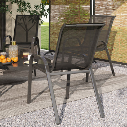 Set of 4 Outdoor Garden Chairs Stackable Terrace Chairs Garden Chairs with Breathable Fabric Steel Frame Armrests and High Backrest 54x71x93 cm Black