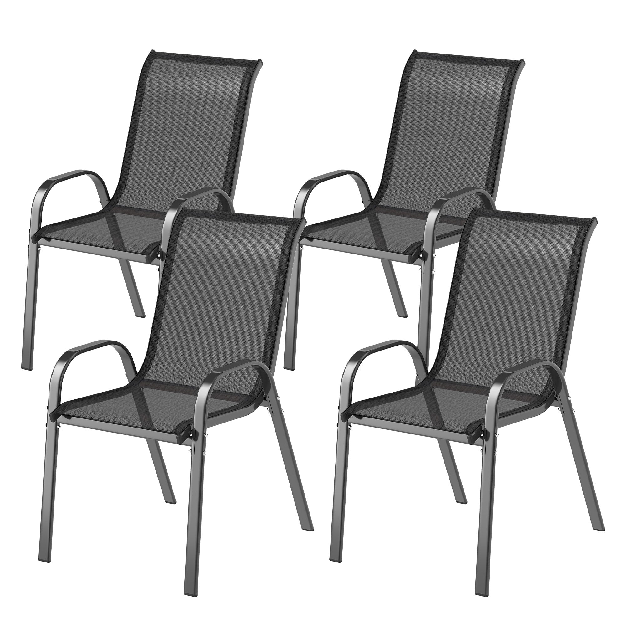Set of 4 Outdoor Garden Chairs Stackable Terrace Chairs Garden Chairs with Breathable Fabric Steel Frame Armrests and High Backrest 54x71x93 cm Black