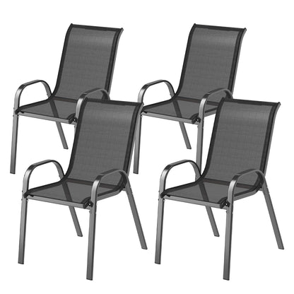 Set of 4 Outdoor Garden Chairs Stackable Terrace Chairs Garden Chairs with Breathable Fabric Steel Frame Armrests and High Backrest 54x71x93 cm Black