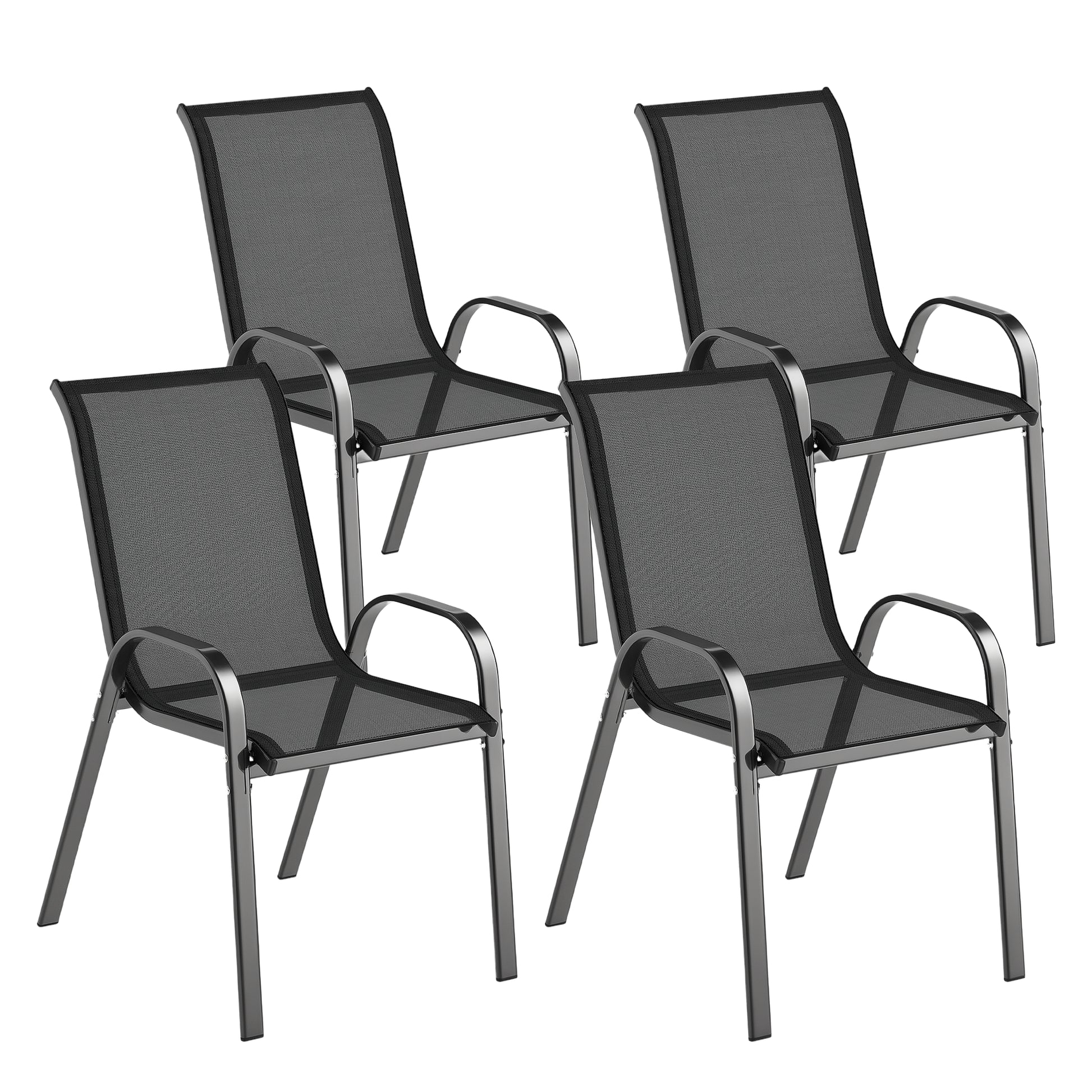 Set of 4 Outdoor Garden Chairs Stackable Terrace Chairs Garden Chairs with Breathable Fabric Steel Frame Armrests and High Backrest 54x71x93 cm Black