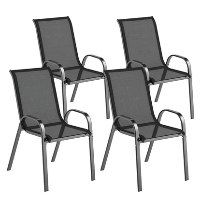 Set of 4 Outdoor Garden Chairs Stackable Terrace Chairs Garden Chairs with Breathable Fabric Steel Frame Armrests and High Backrest 54x71x93 cm Black