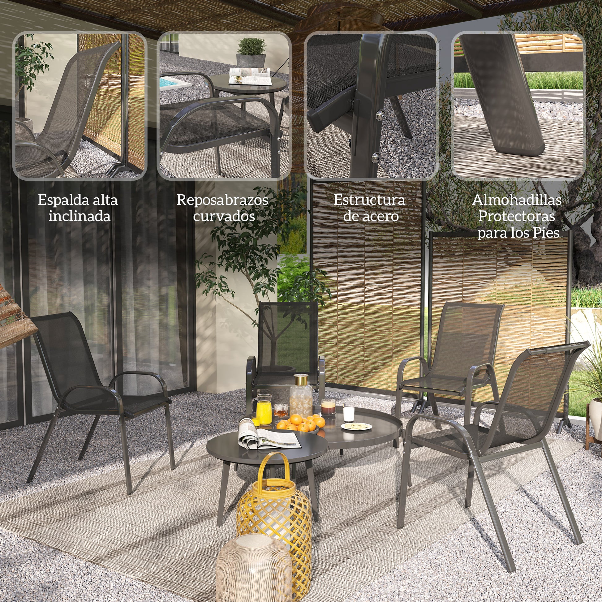Set of 4 Outdoor Garden Chairs Stackable Terrace Chairs Garden Chairs with Breathable Fabric Steel Frame Armrests and High Backrest 54x71x93 cm Black