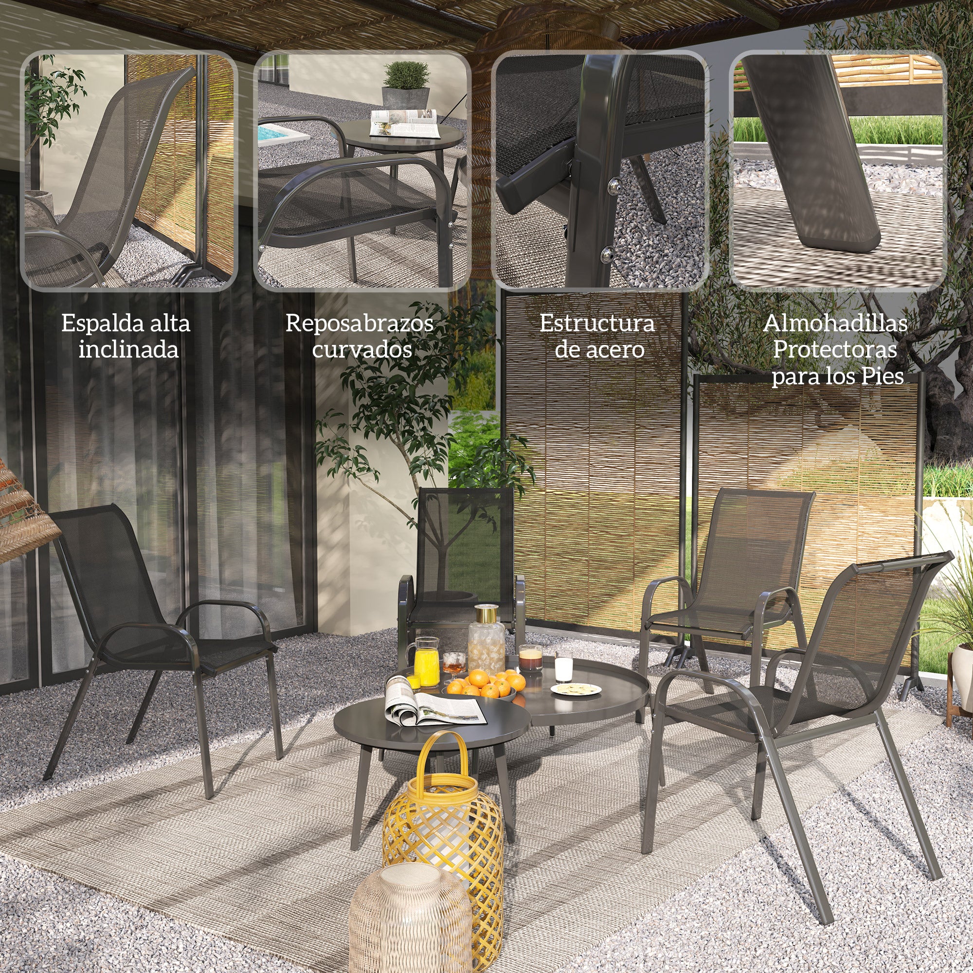 Set of 4 Outdoor Garden Chairs Stackable Terrace Chairs Garden Chairs with Breathable Fabric Steel Frame Armrests and High Backrest 54x71x93 cm Black