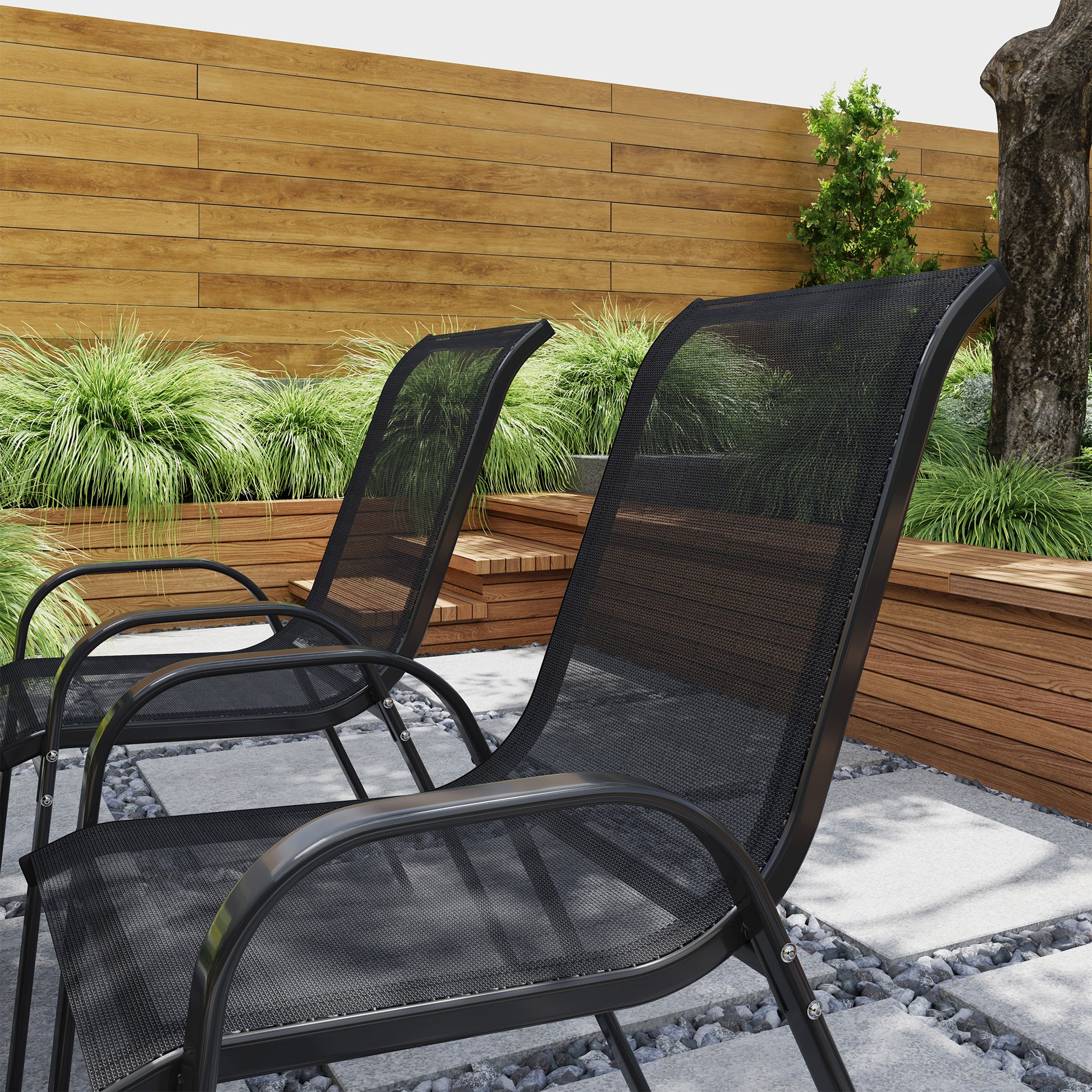 Set of 4 Outdoor Garden Chairs Stackable Terrace Chairs Garden Chairs with Breathable Fabric Steel Frame Armrests and High Backrest 54x71x93 cm Black