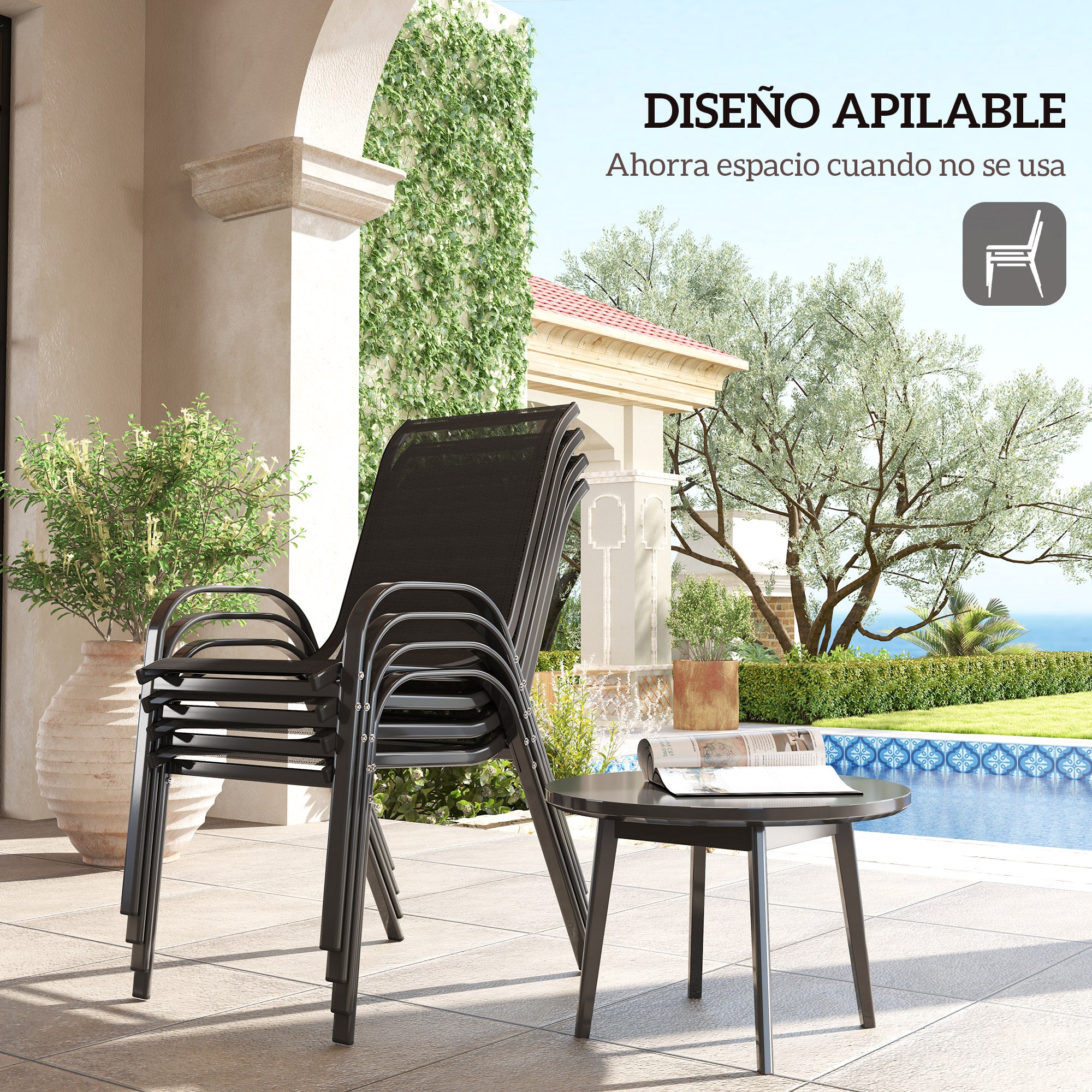 Set of 4 Outdoor Garden Chairs Stackable Terrace Chairs Garden Chairs with Breathable Fabric Steel Frame Armrests and High Backrest 54x71x93 cm Black