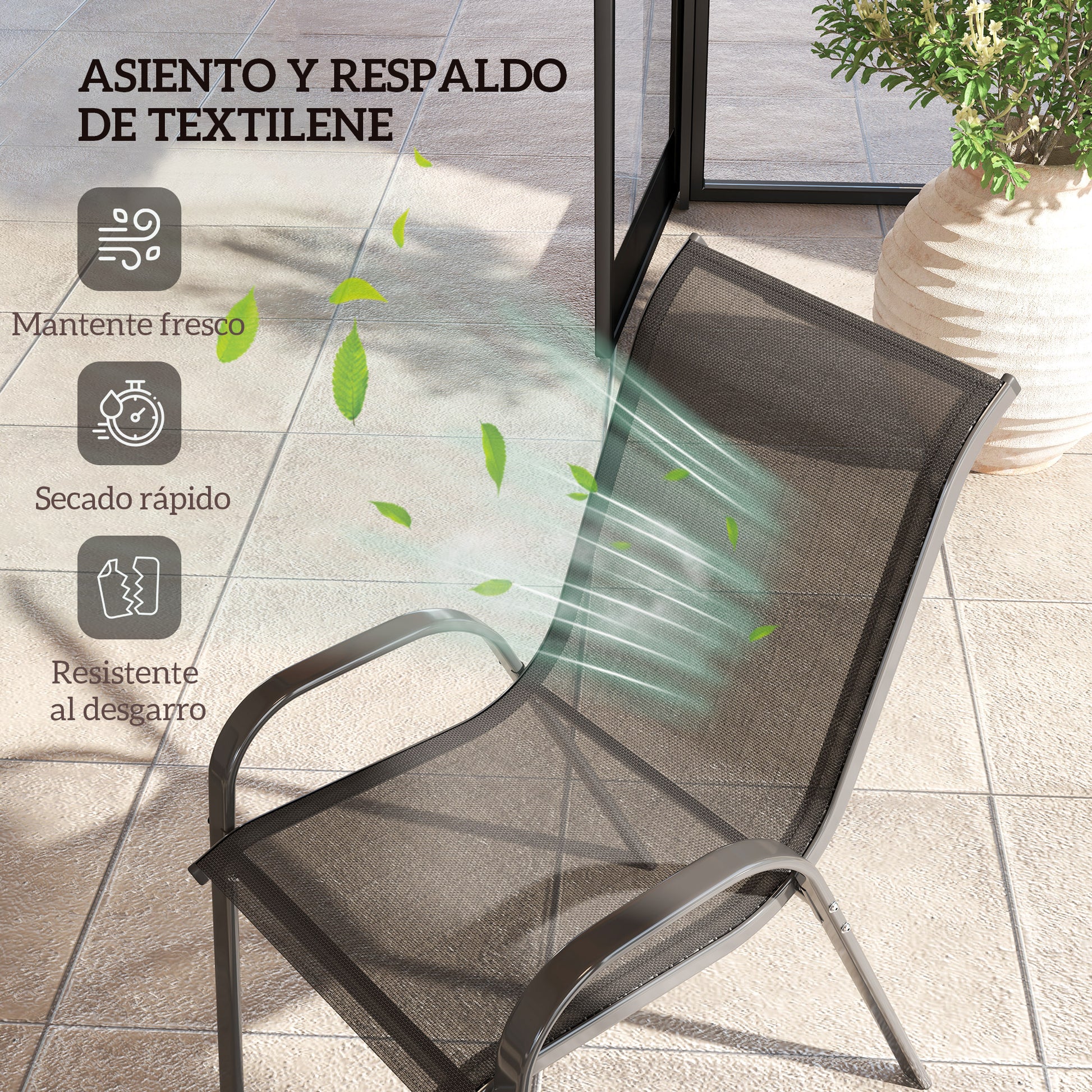 Set of 4 Outdoor Garden Chairs Stackable Terrace Chairs Garden Chairs with Breathable Fabric Steel Frame Armrests and High Backrest 54x71x93 cm Black