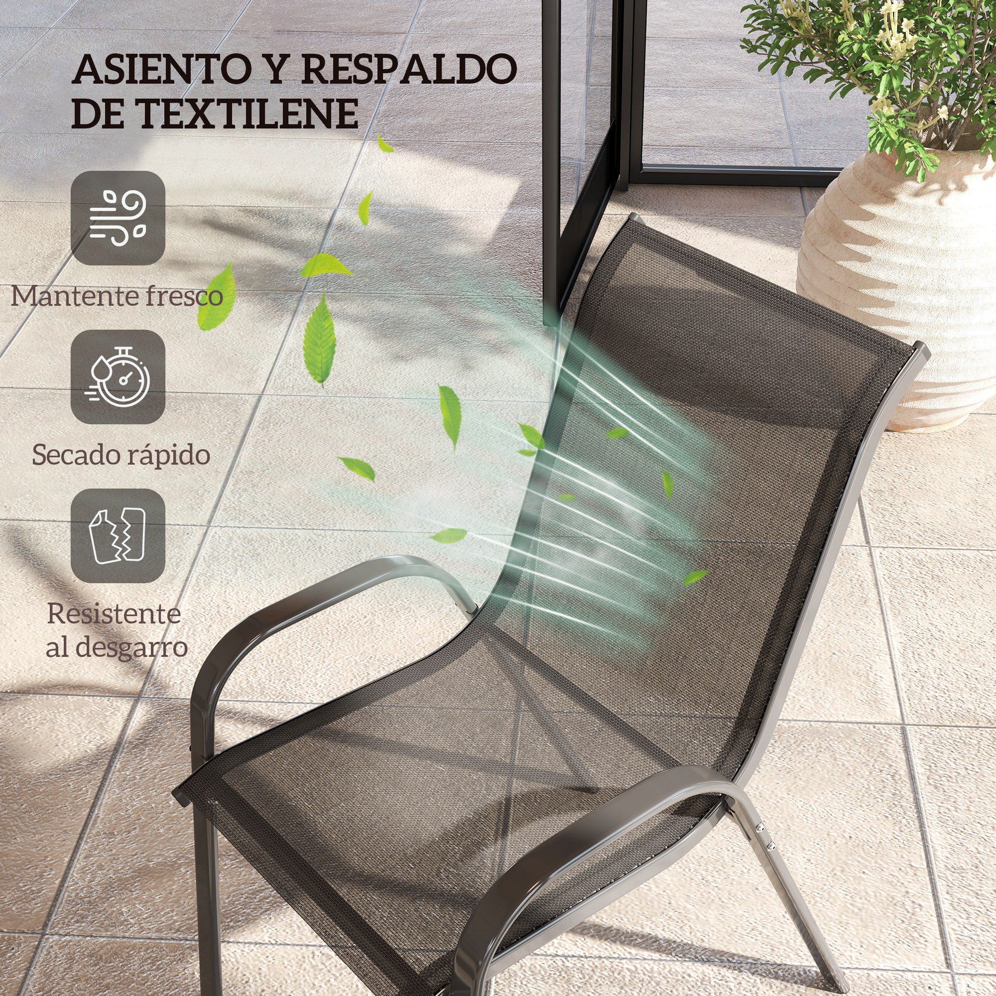 Set of 4 Outdoor Garden Chairs Stackable Terrace Chairs Garden Chairs with Breathable Fabric Steel Frame Armrests and High Backrest 54x71x93 cm Black