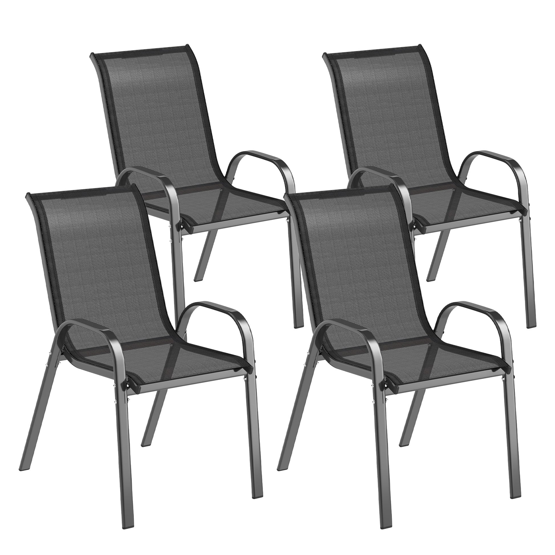 Set of 4 Outdoor Garden Chairs Stackable Terrace Chairs Garden Chairs with Breathable Fabric Steel Frame Armrests and High Backrest 54x71x93 cm Black
