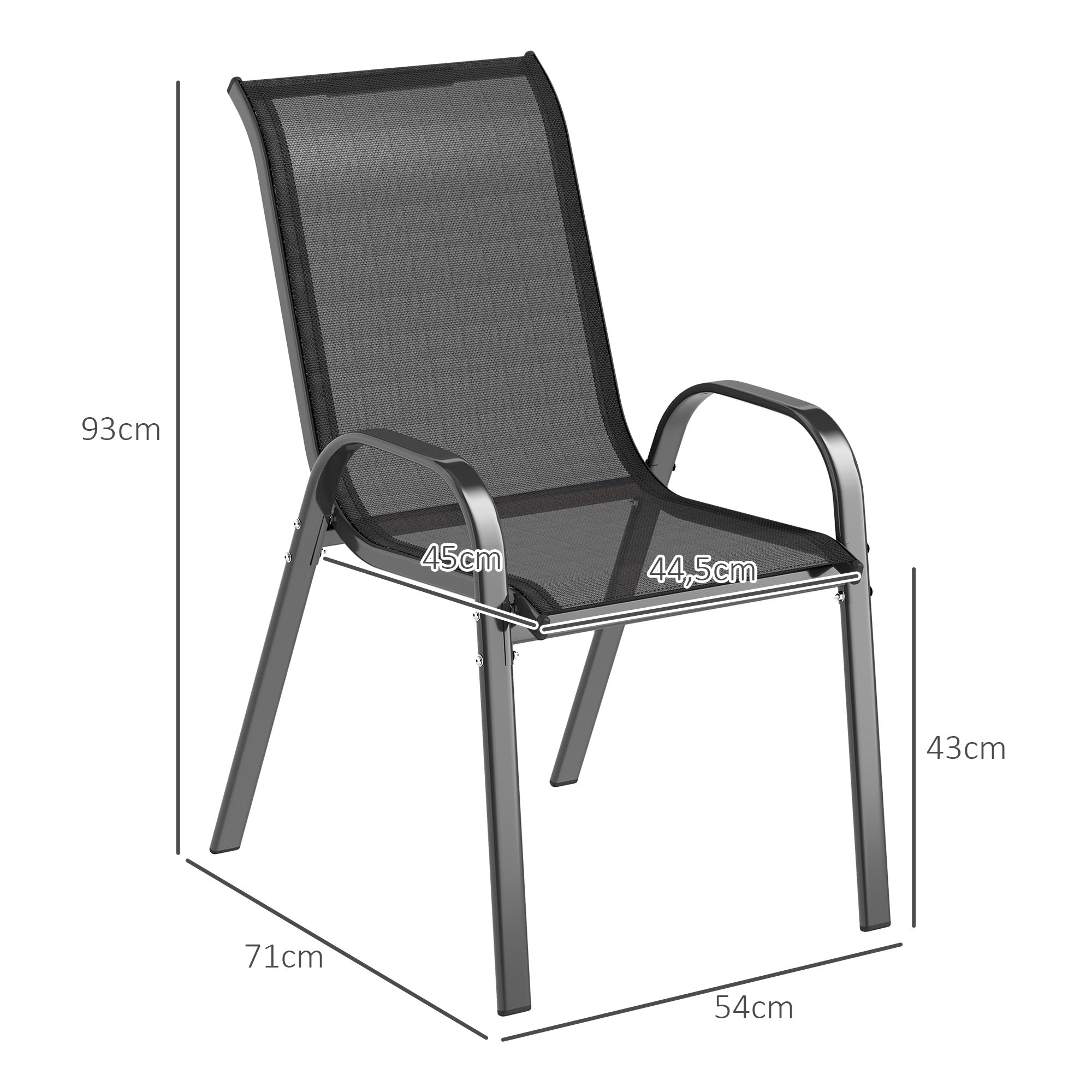 Set of 4 Outdoor Garden Chairs Stackable Terrace Chairs Garden Chairs with Breathable Fabric Steel Frame Armrests and High Backrest 54x71x93 cm Black