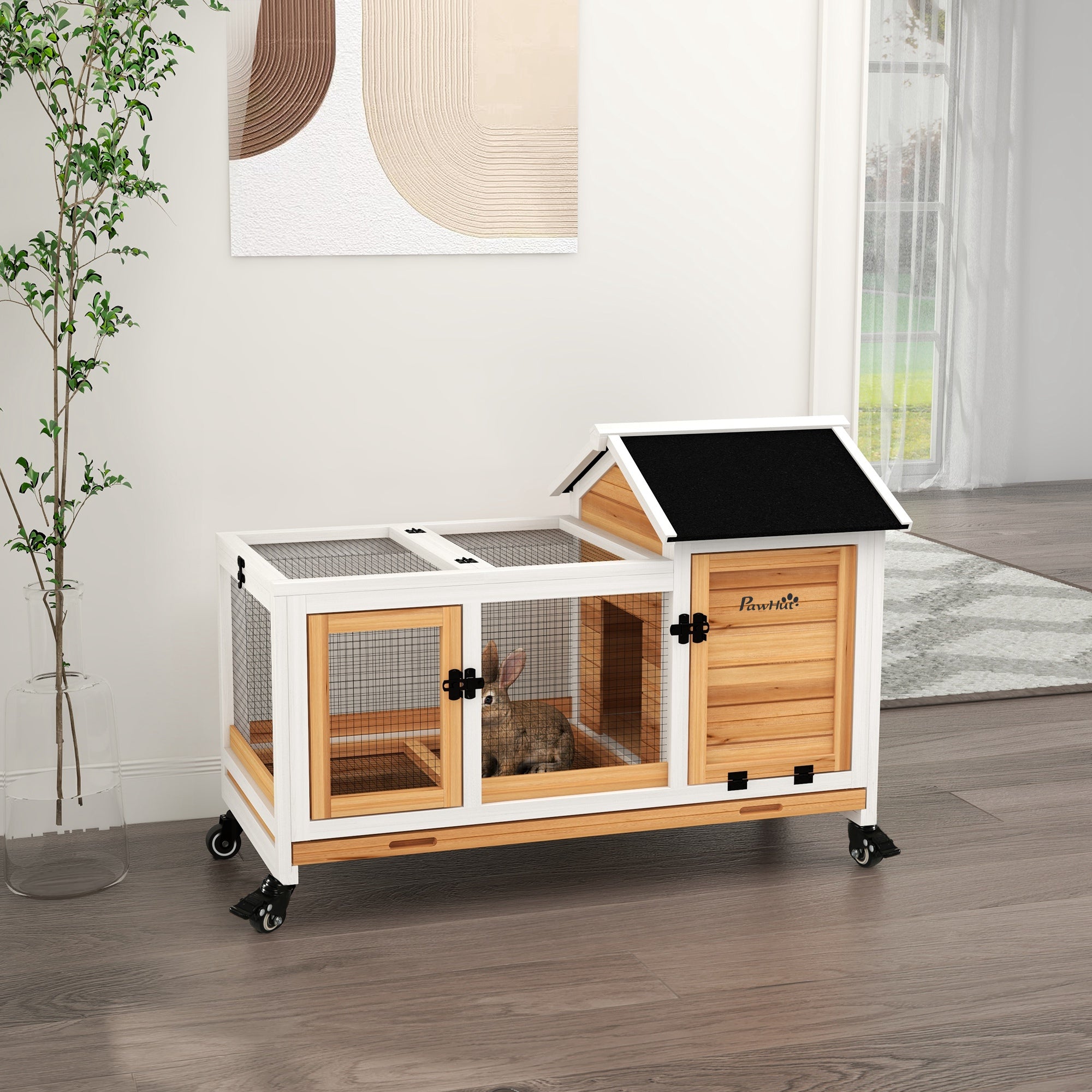 Wooden Rabbit Hutch with Wheels Rabbit Cage with Flip Top and Removable Tray Indoor and Outdoor Rabbit Hutch 108x58x73.5 cm Natural