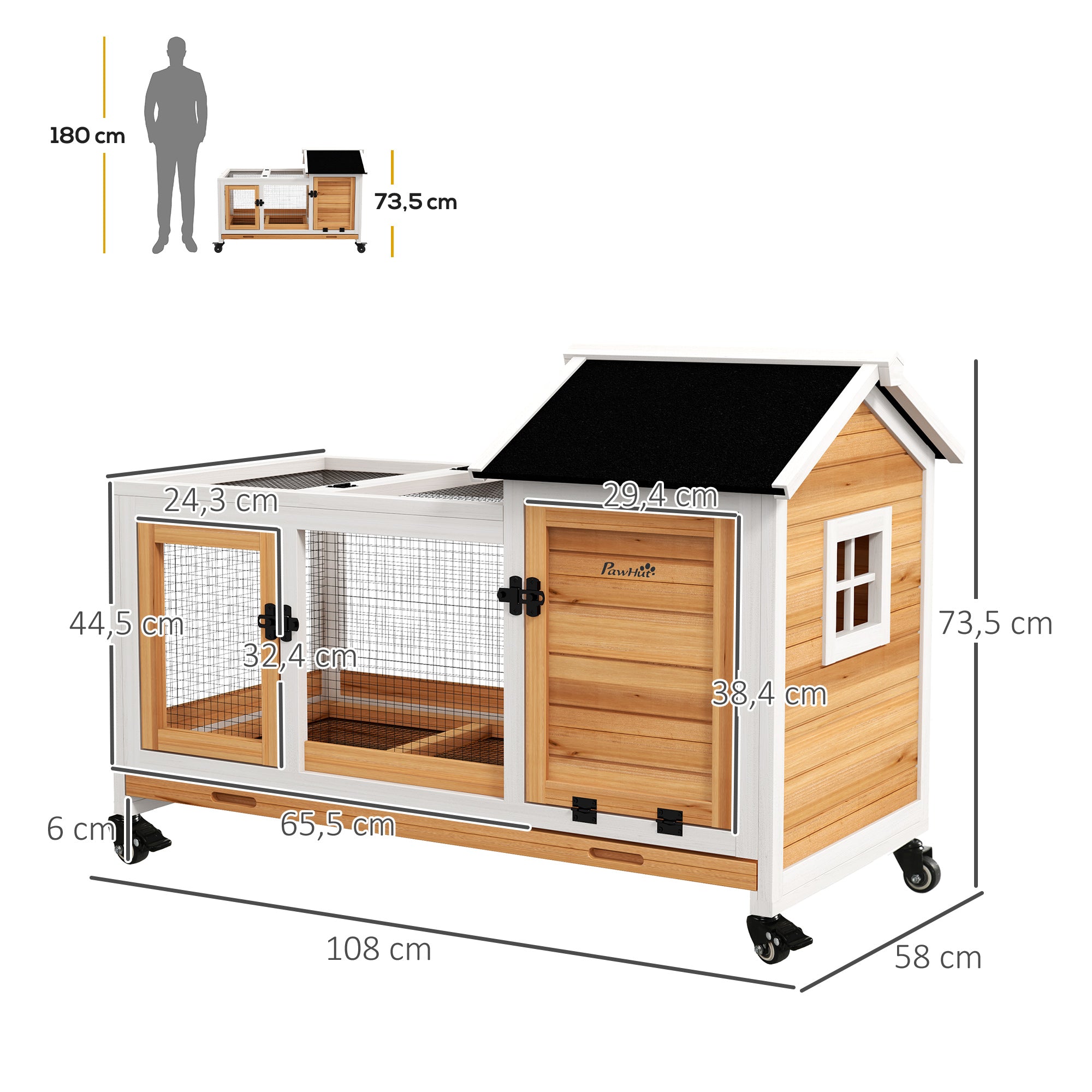 Wooden Rabbit Hutch with Wheels Rabbit Cage with Flip Top and Removable Tray Indoor and Outdoor Rabbit Hutch 108x58x73.5 cm Natural