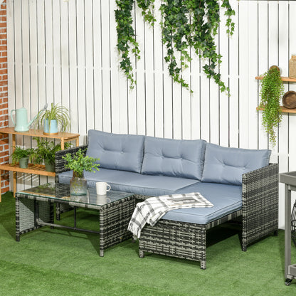 Garden Lounge Set with 2-Seater Sofa, Chaise Longue, and Coffee Table, PE Rattan and Glass Garden Set with Cushions, Gray