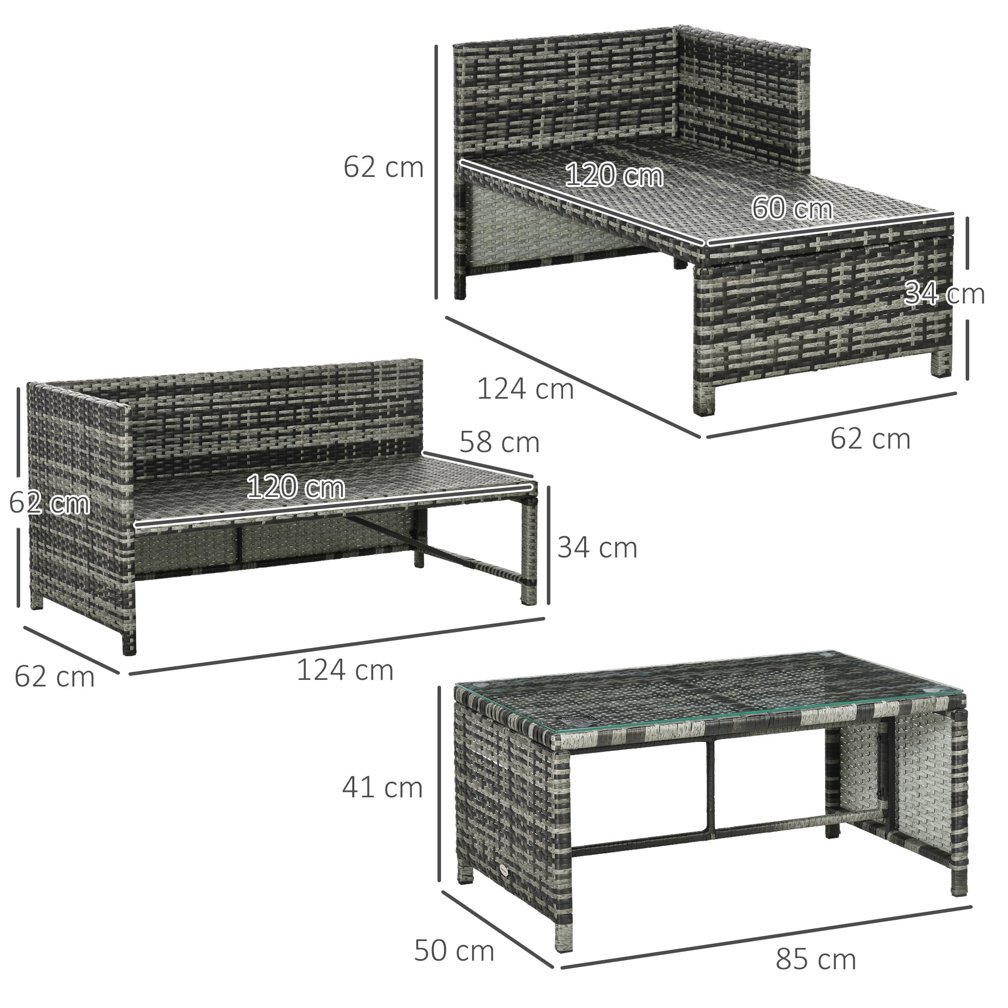 Garden Lounge Set with 2-Seater Sofa, Chaise Longue, and Coffee Table, PE Rattan and Glass Garden Set with Cushions, Gray