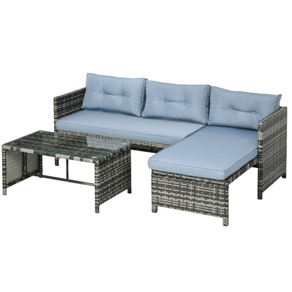Garden Lounge Set with 2-Seater Sofa, Chaise Longue, and Coffee Table, PE Rattan and Glass Garden Set with Cushions, Gray