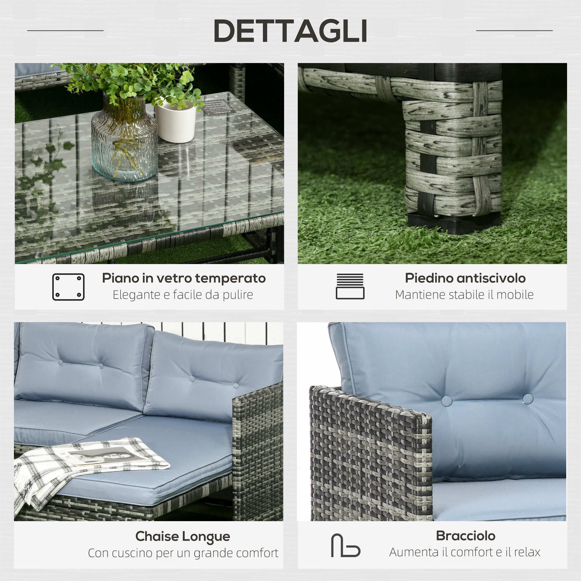 Garden Lounge Set with 2-Seater Sofa, Chaise Longue, and Coffee Table, PE Rattan and Glass Garden Set with Cushions, Gray