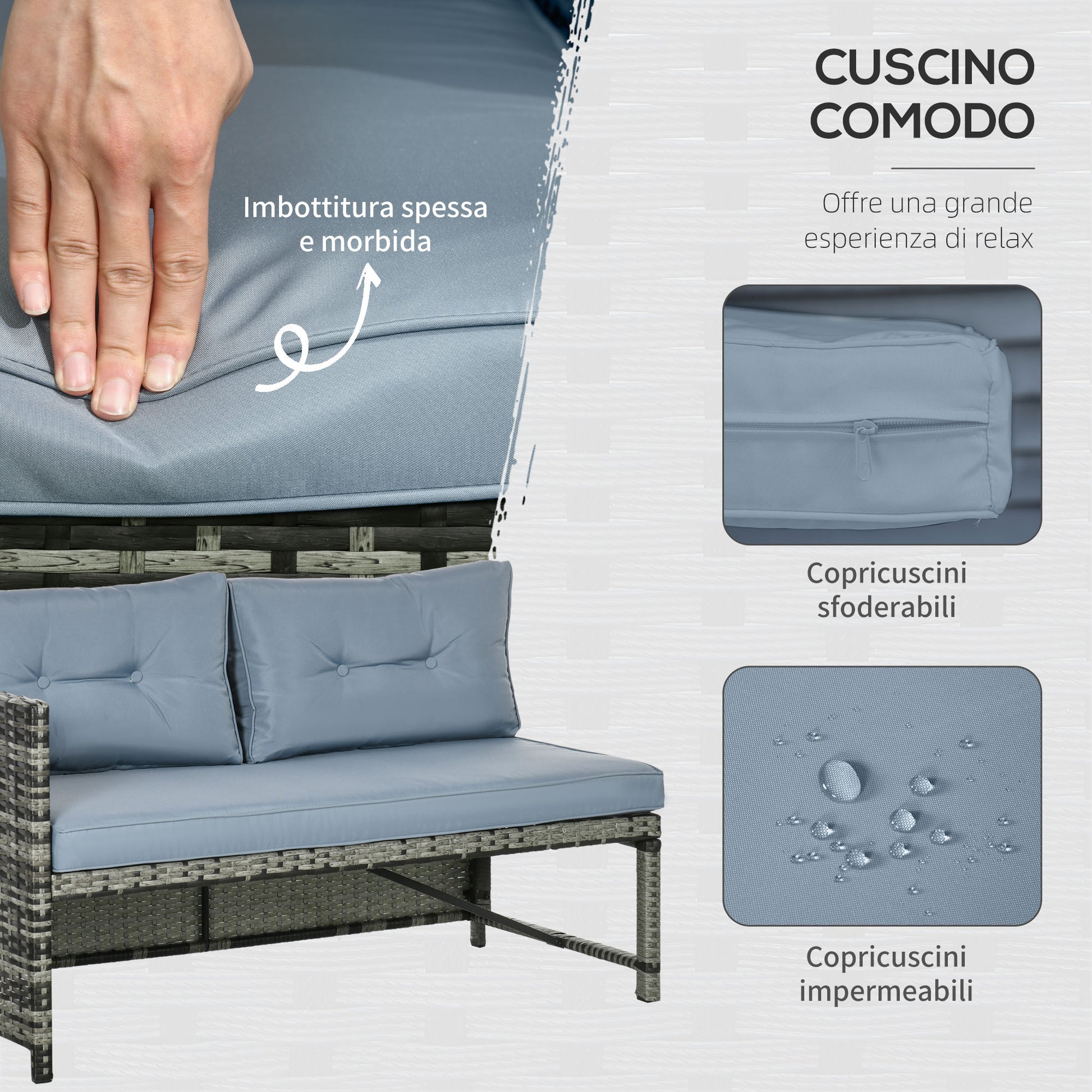 Garden Lounge Set with 2-Seater Sofa, Chaise Longue, and Coffee Table, PE Rattan and Glass Garden Set with Cushions, Gray