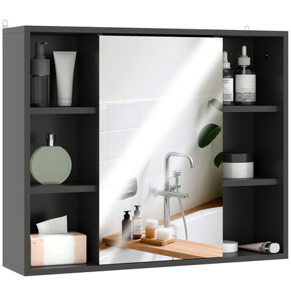 Wall Mounted Cabinet, Bathroom Storage Cabinet with Mirror, Bathroom Mirror with Storage, Door Cabinet and 6 Open Compartments, 60 x 14.5 x 49.4 cm, black