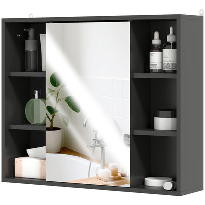 Wall Mounted Cabinet, Bathroom Storage Cabinet with Mirror, Bathroom Mirror with Storage, Door Cabinet and 6 Open Compartments, 60 x 14.5 x 49.4 cm, black