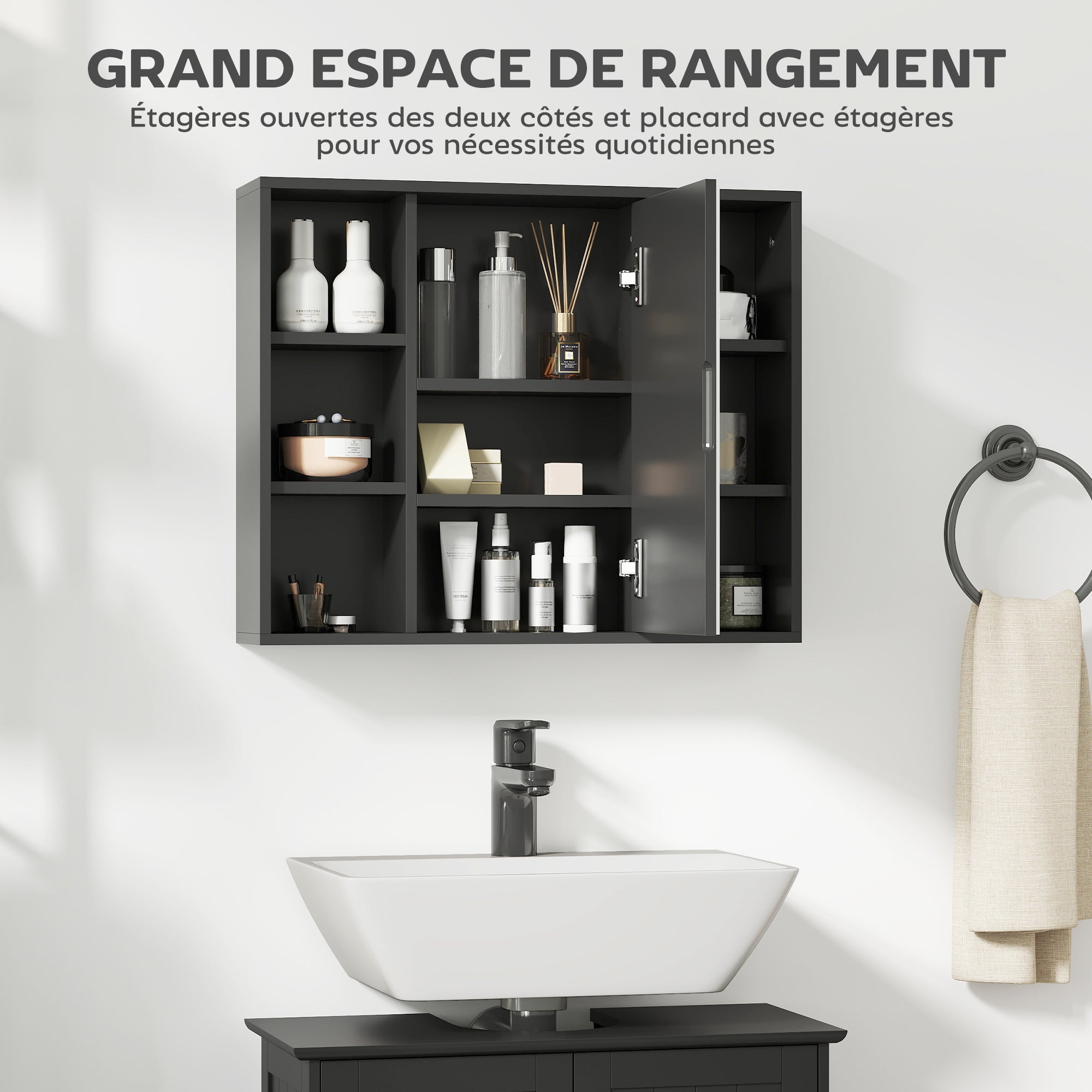 Wall Mounted Cabinet, Bathroom Storage Cabinet with Mirror, Bathroom Mirror with Storage, Door Cabinet and 6 Open Compartments, 60 x 14.5 x 49.4 cm, black