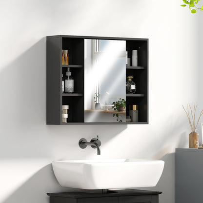 Wall Mounted Cabinet, Bathroom Storage Cabinet with Mirror, Bathroom Mirror with Storage, Door Cabinet and 6 Open Compartments, 60 x 14.5 x 49.4 cm, black