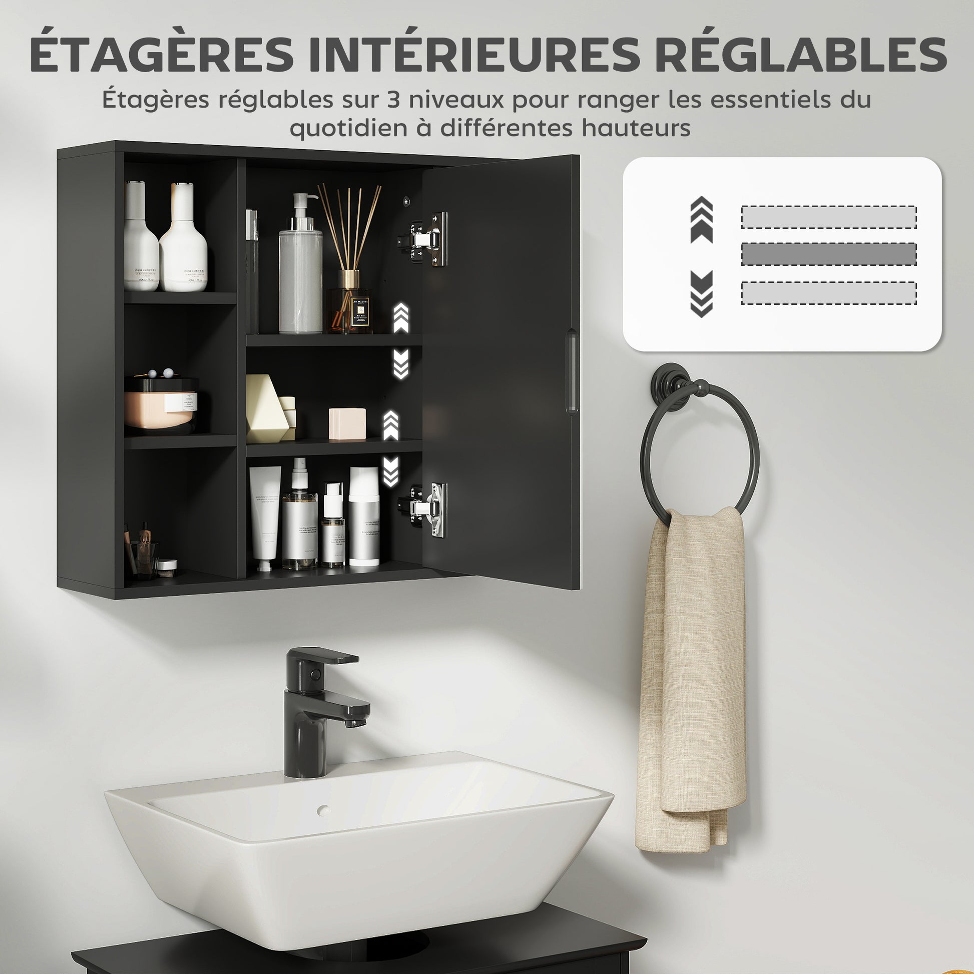 Wall Mounted Cabinet, Bathroom Storage Cabinet with Mirror, Bathroom Mirror with Storage, Door Cabinet and 6 Open Compartments, 60 x 14.5 x 49.4 cm, black