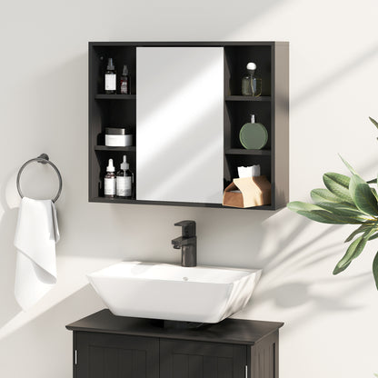 Wall Mounted Cabinet, Bathroom Storage Cabinet with Mirror, Bathroom Mirror with Storage, Door Cabinet and 6 Open Compartments, 60 x 14.5 x 49.4 cm, black